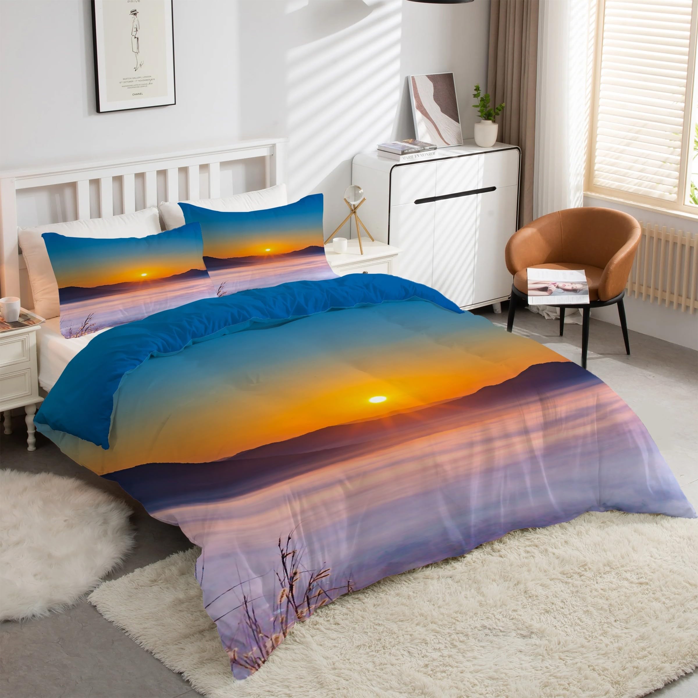 Housse de couette 160x200 soleil levant parure de lit 3 pièces microrifuge zippée kK4149