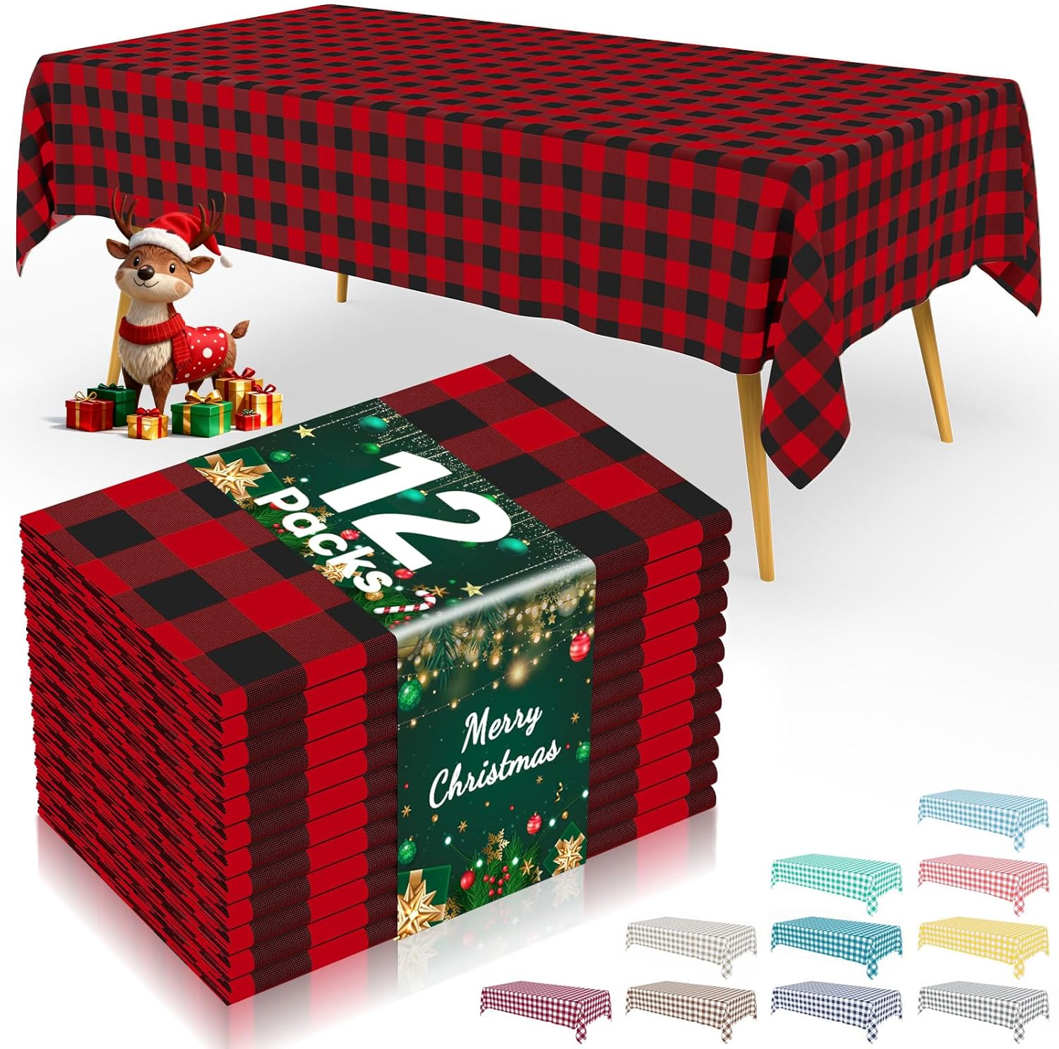 Smiry 12 Packs Gingham Disposable Table Cloth, 54 x 108 Inch Waterproof Plastic Tablecloth, Rectangle Black and Red Checkered Table Covers for Picnic, Birthday, Party
