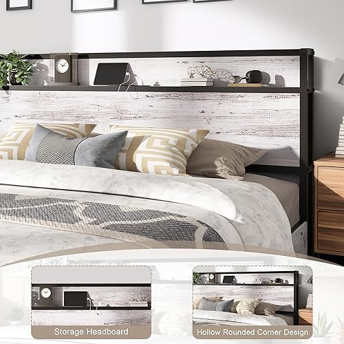 Miniatura 39 de Cama de almacenamiento elevable de tamaño matrimonial, marco de cama de plataforma de madera con cabecera de almacenamiento y estación de carga, no