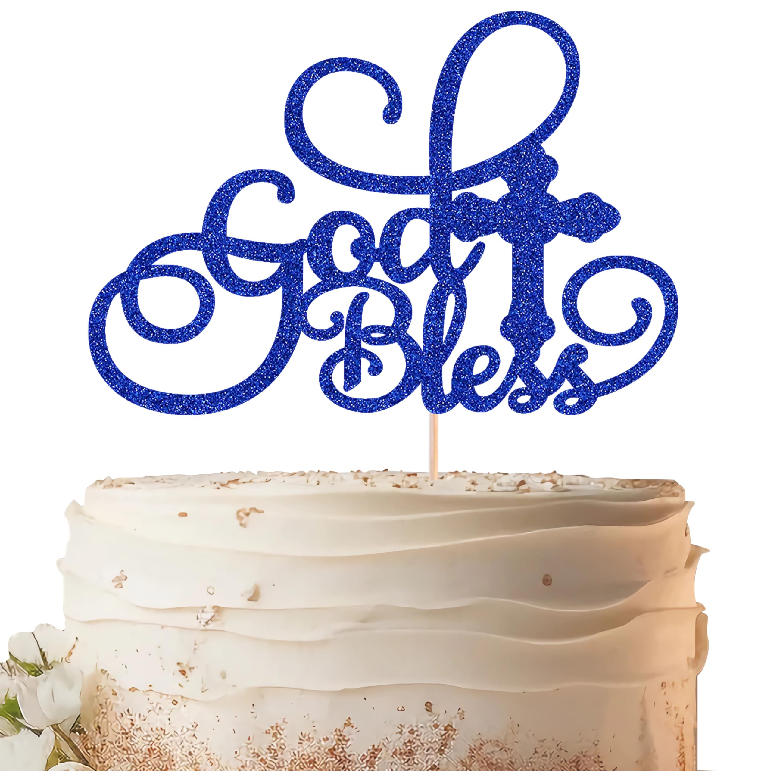 EONNCNT God Bless Cake Topper - Royal Blue Glitter Baptism Cake Decorating Supplies for Boys or Girls, Baptism Sign Divine Blessings Cake Decor for Baby Shower, First Confirmation Photo Booth Props