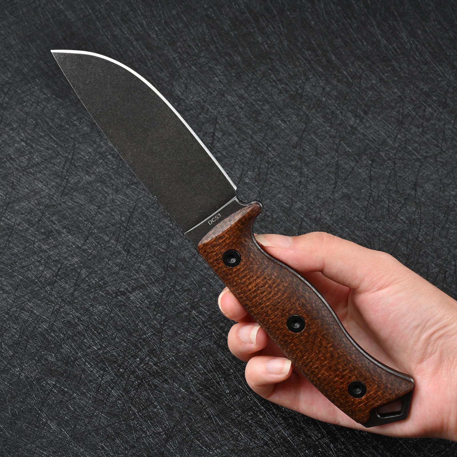DC53 Stahl messer Feststehende Klinge Micarta Griff mit Kydex Scheide für Männer EDC Camping Survival Outdoor (Black Stone Wash)