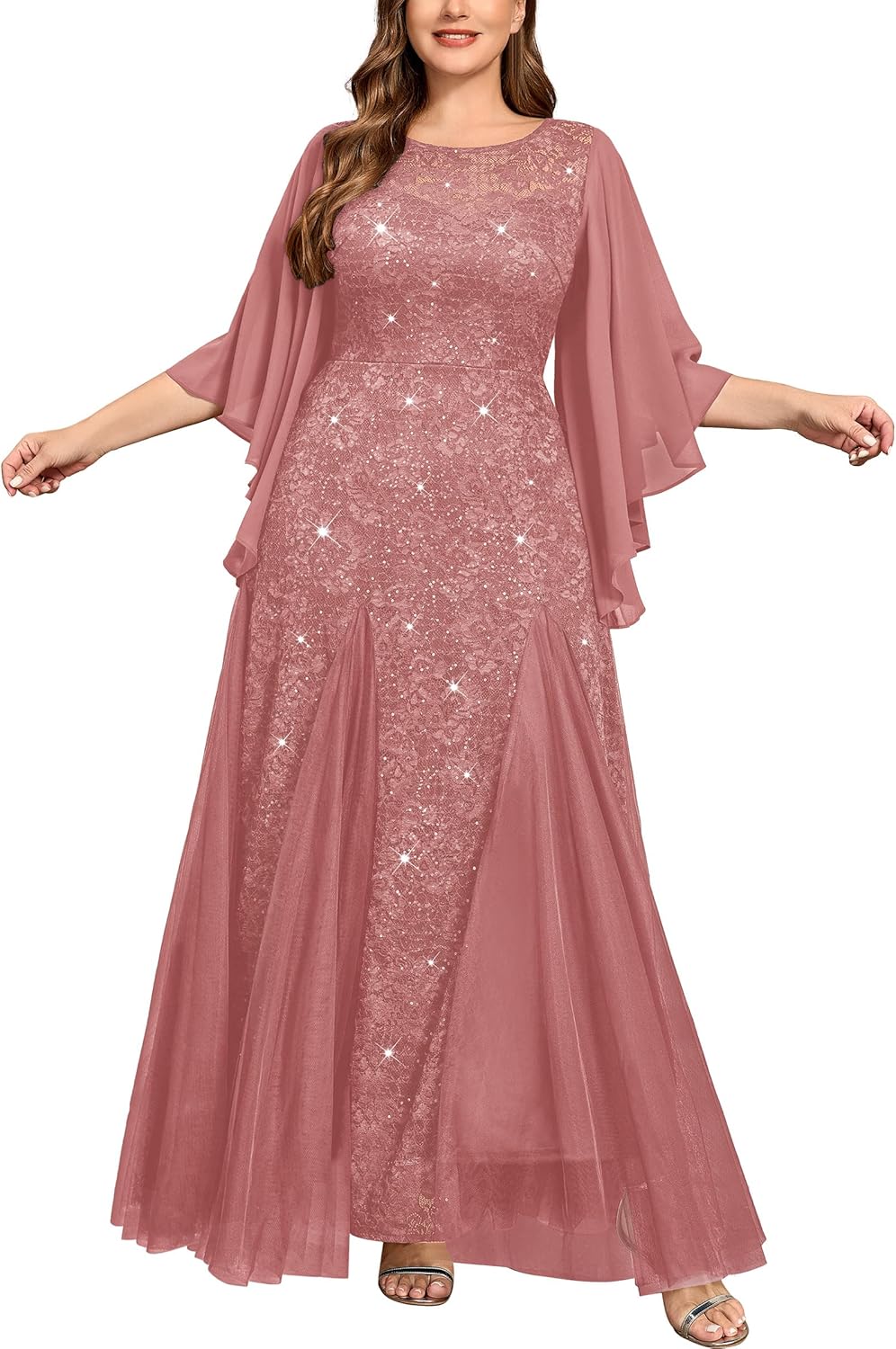 MISSMAY Women's Plus Size Sequins Lace with Ruffle Cape Cloak Sleeves Tulle Mermaid Hemline Evening Prom Long Dress