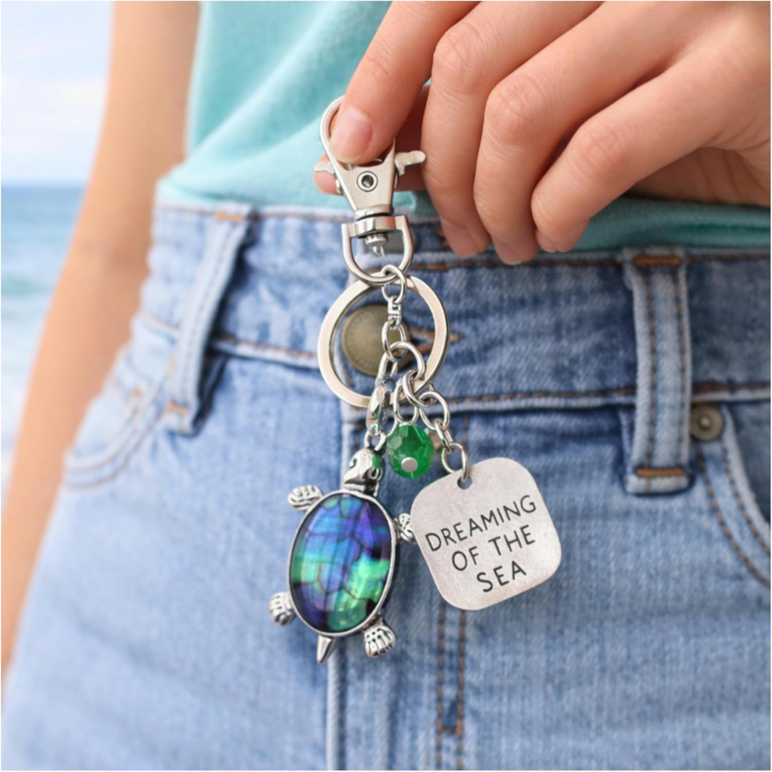 Sea Turtle Keychain, Abalone Shell Keyring, Dreaming of the Sea Quote, Stocking Stuffer Gifts for Women - Image 2