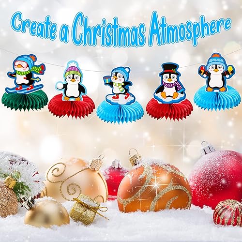 Miniatura 7 de Thenshop 7 piezas de centros de mesa de pingüino de panal de abeja lindos animales polares, decoración de mesa de invierno 3D de Navidad para