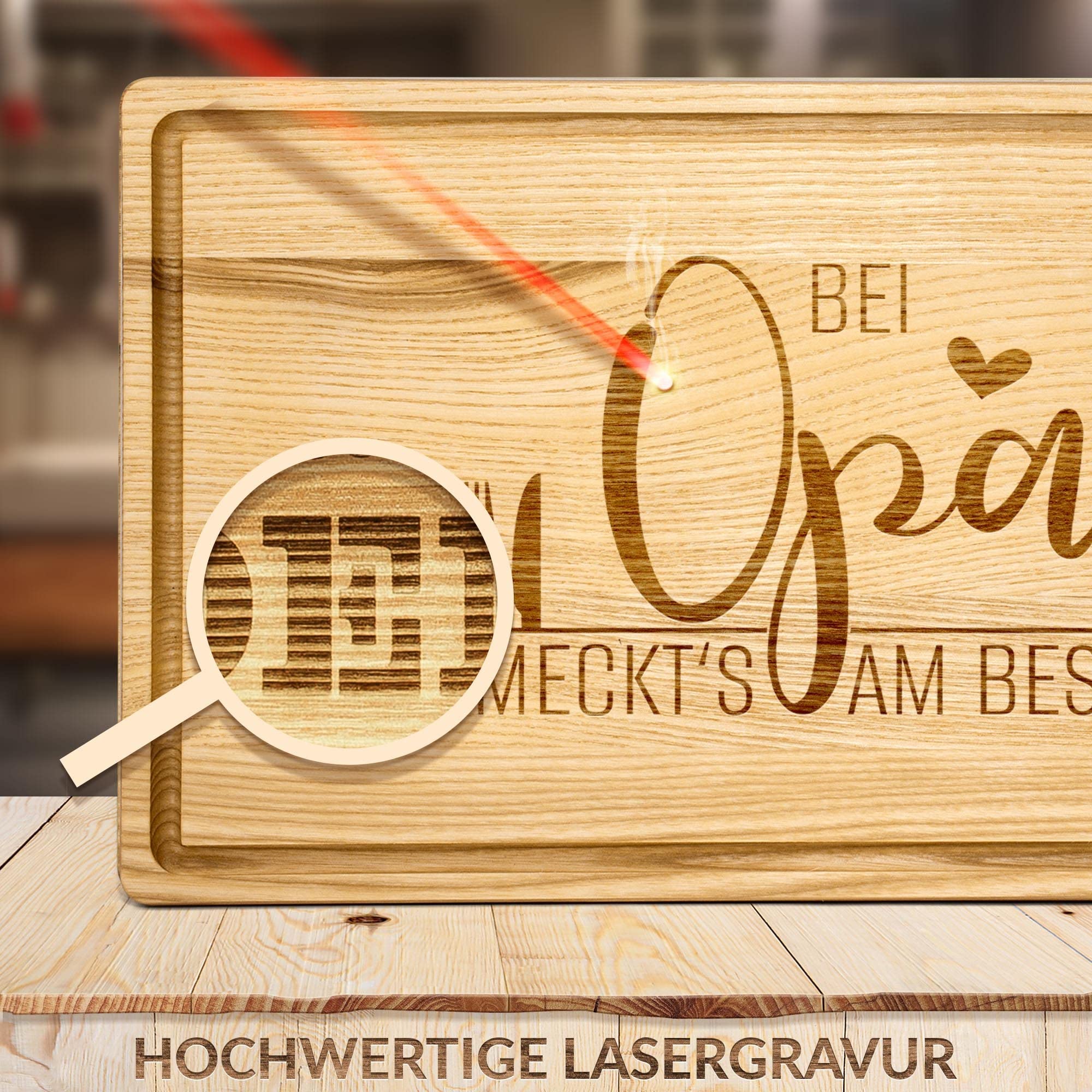 Großes Holzbrett mit Gravur - Bei Opa schmeckt's am besten - Schneidebrett gravieren| Eschenholz, 40 x 25 x 2 cm, Geschenk mit Gravur, Geschenk für Opa
