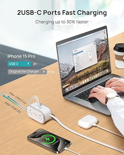 Miniatura 2 de Regleta de alimentación de viaje, cable de extensión de enchufe plano envuelto de 3.3 pies con 4 tomas de corriente, 4 puertos USB (2 USB C),