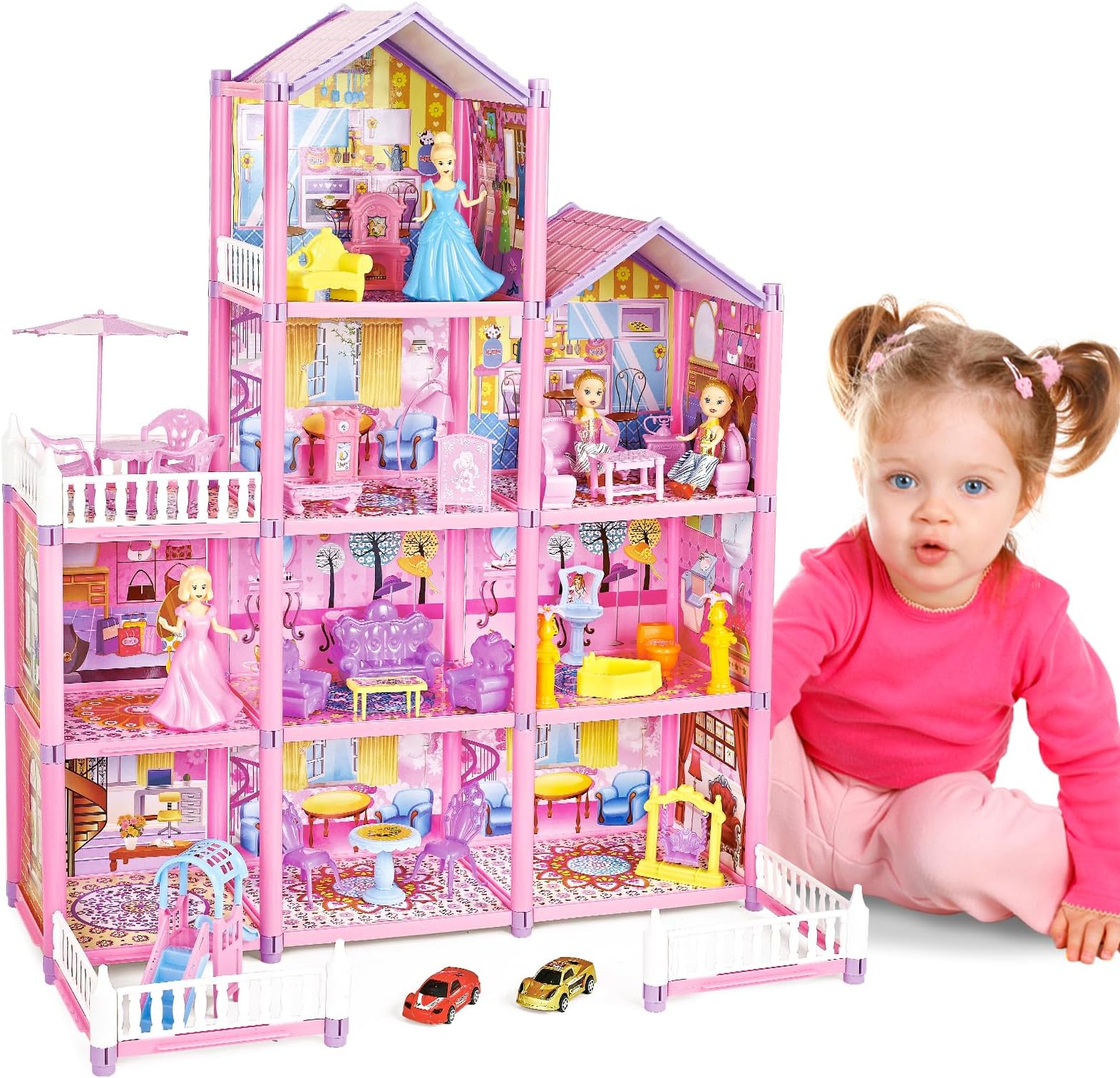 deAO Princess My first Dolls House, Kids Pink Grand Four Story Castle Dolls House Playset With Furniture & Accessories Included Outdoor Space Open Sided Princess Castle Playset for Girls