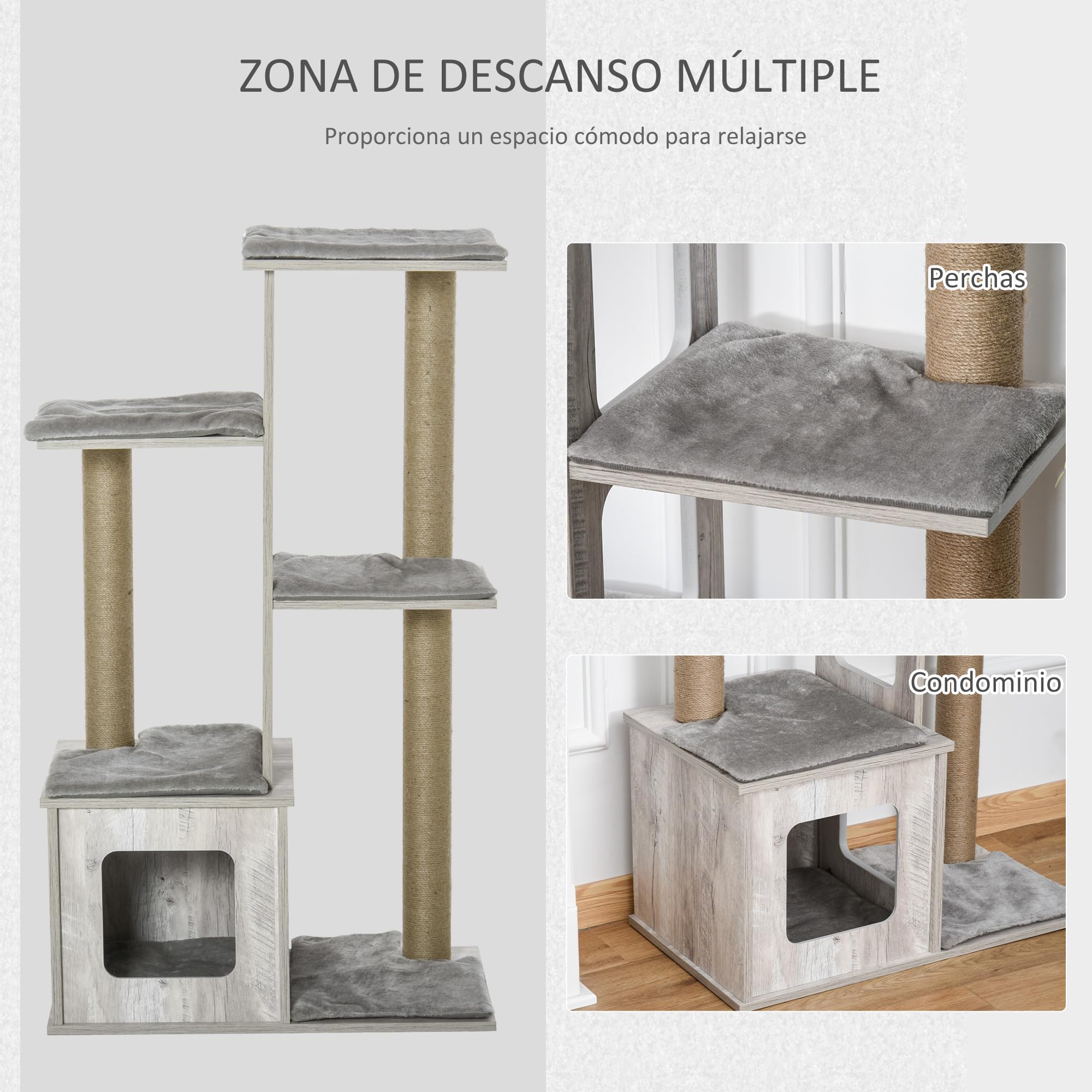 PawHut Árbol Rascador para Gatos con Cueva de Madera 67x38,5x114 cm Gris | Torre de Escalada de Gatos, Múltiples Plataformas, Postes de Rascar de Yute, Juego y Descanso
