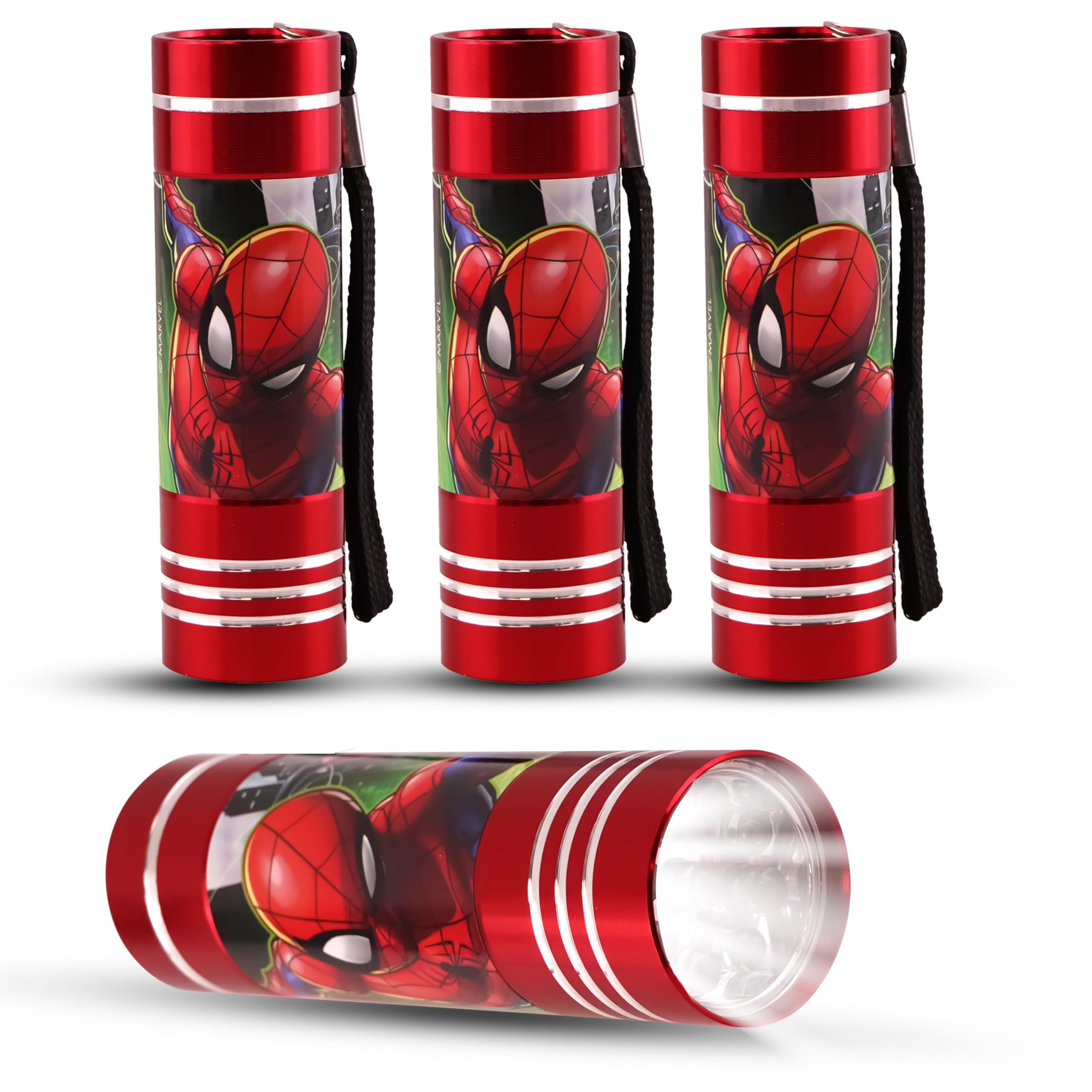 SRV Hub 4Pcs Kids’ Waterproof Spiderman LED Flashlight – 9 Ultra-Bright LEDs with Non-Slip Grip, Lightweight Aluminum Torch Outdoor Boys Fun, Camping, Emergencies & Gift for Birthdays, Size-8.7cm