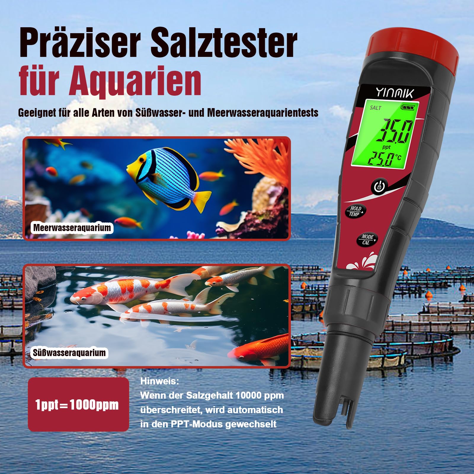 YINMIK pH und Chlor Messgerät 7 in 1 für Salzwasserpool, Aquarium, Hydroponik, Trinkwasser