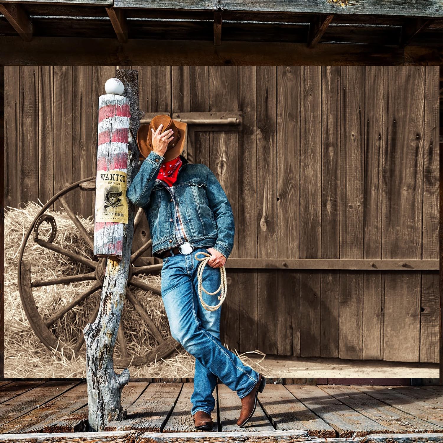 3.6x3m Sfondo Western Cowboy Vecchia porta del fienile con ruota antica balle di fieno pagliaio Sfondo fotografico a tema campagna Decorazioni per feste occidentali Bambini adulti Photoshoot Props