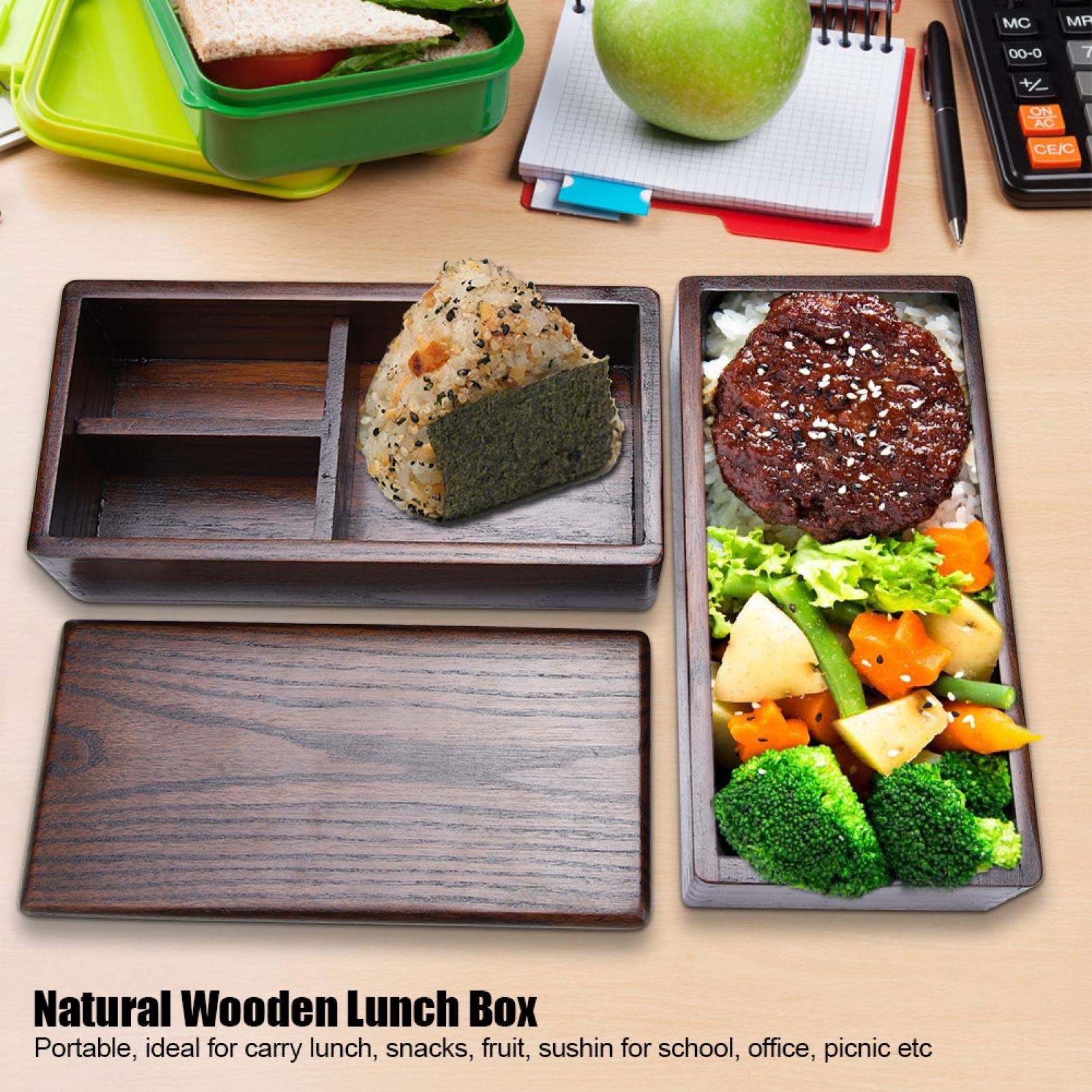Boîte à Lunch en Bois Naturel Récipient de Nourriture rectangulaire à Double Couche pour Pique-Nique Sushi Bento