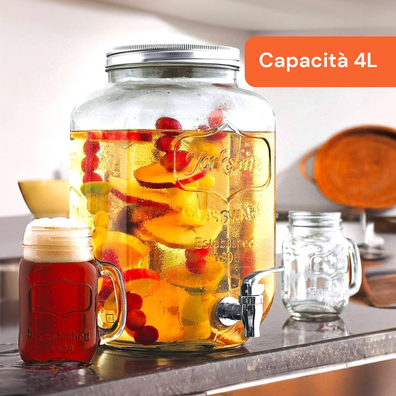 Avilia - Dispenser Bevande in Vetro 4L con Rubinetto e Infusore Integrato, Contenitore per Acqua e Succhi per Cucina e Ufficio, con Coperchio in Alluminio per Uso Quotidiano ed Eventi