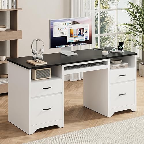 Miniatura 9 de Bestier Escritorio para computadora de 59 pulgadas con 4 cajones, escritorio de oficina con almacenamiento, escritorio ejecutivo moderno con