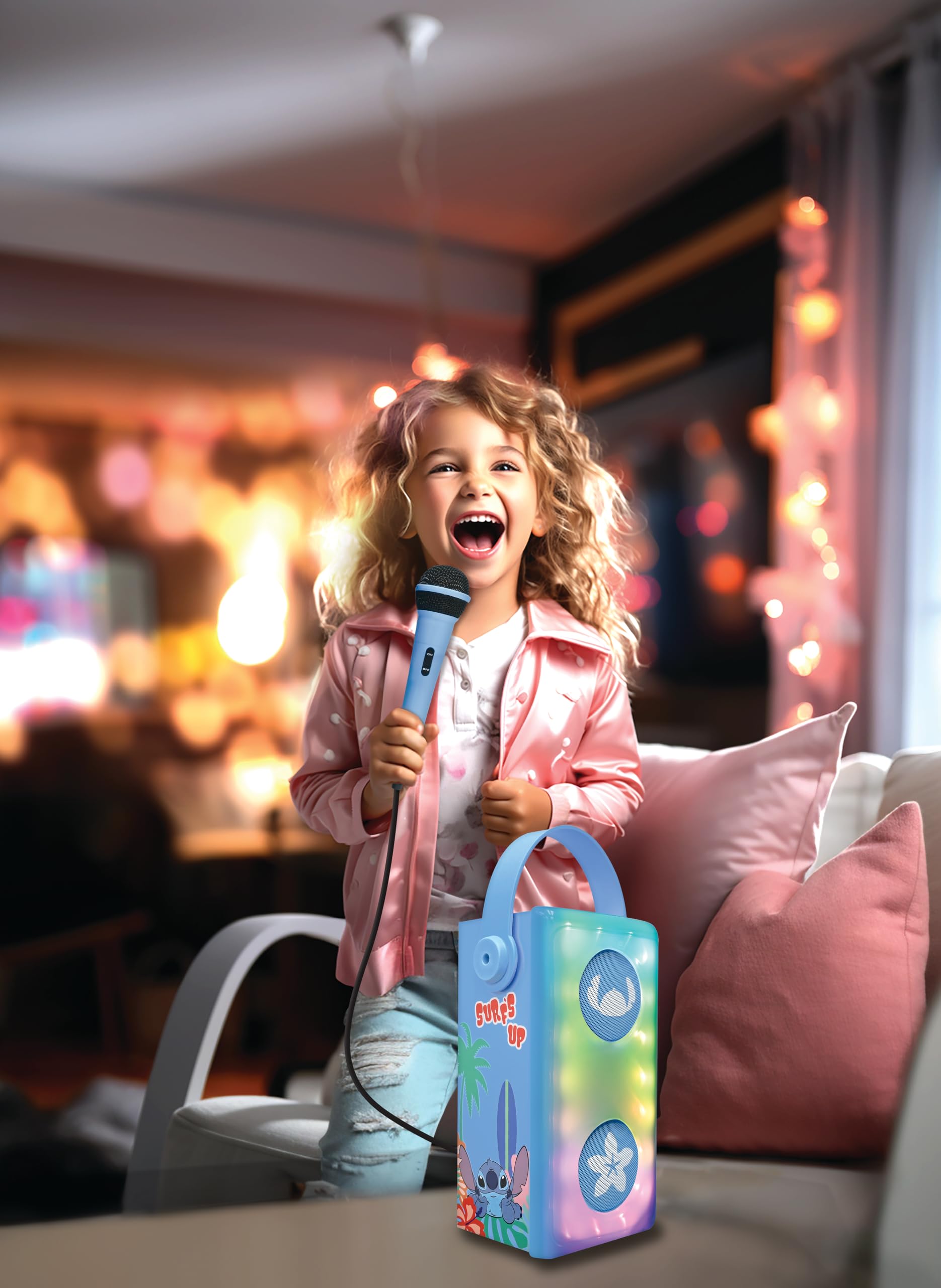 Lexibook, Disney Stitch, Altoparlante Bluetooth® wireless luminoso con microfono, Effetti di luce multicolori, Slot per scheda SD/TF, Batteria ricaricabile, Blu, BTP185DZ