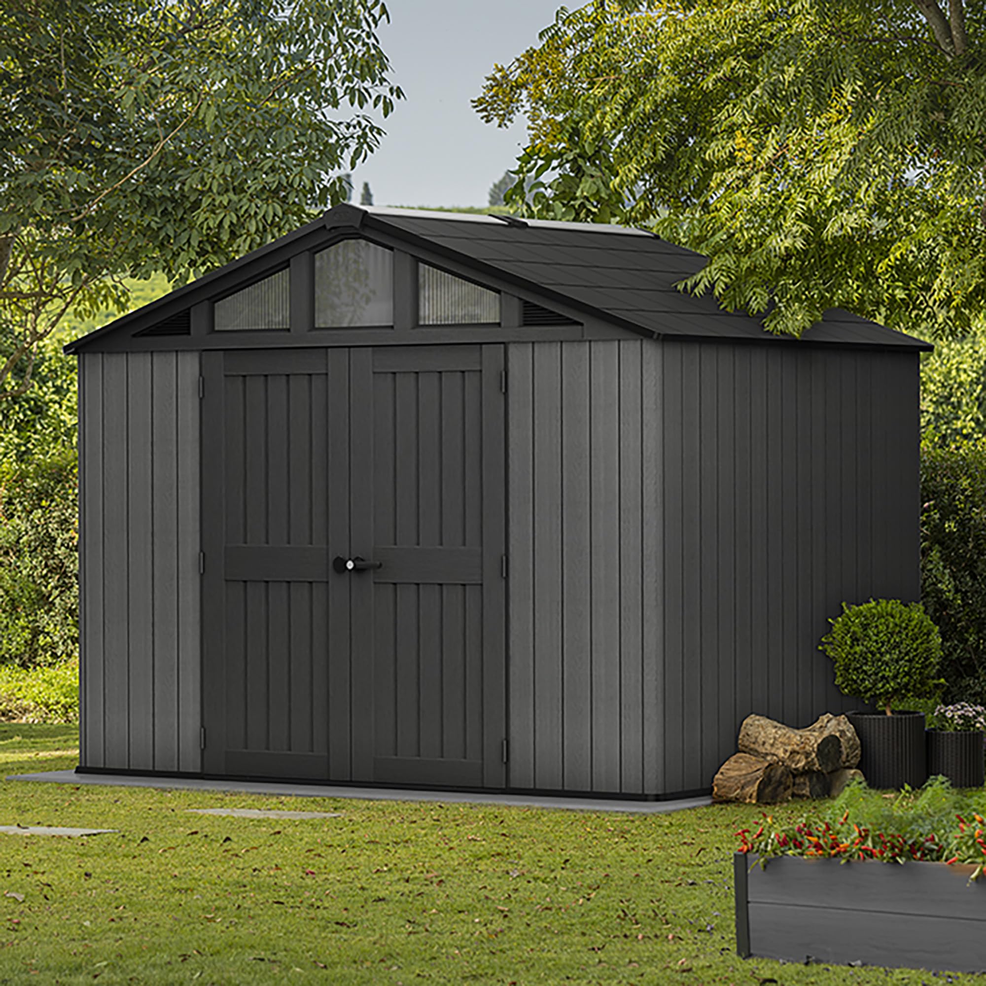 Keter Stronghold - Casetta da giardino, 108-7,7 m2, in resina e metallo, effetto legno, colore: antracite