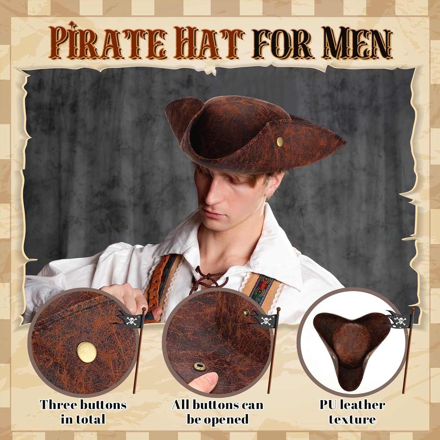 Chicingyou Pirate Hat Faux Leather Colonial Tricorn Hat for Adult Renaissance Costume Patriotic Halloween Dressed Accessories