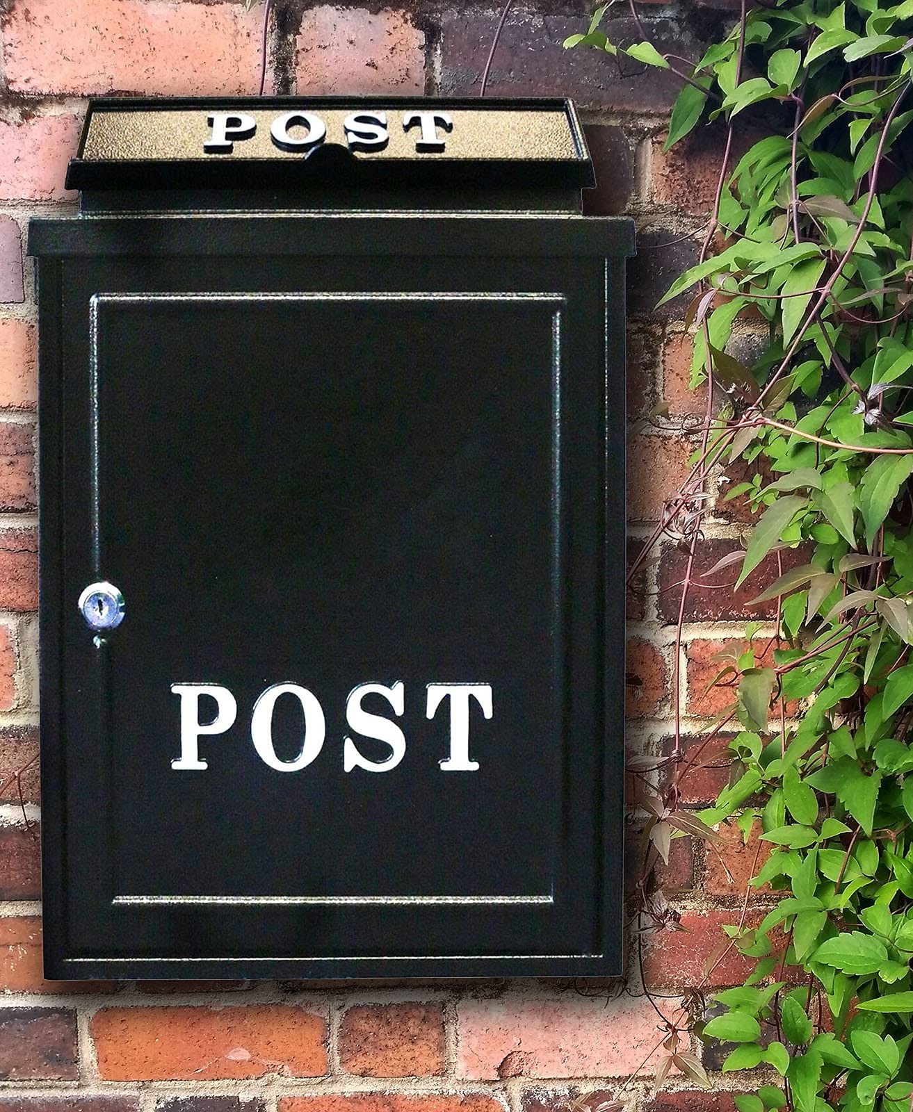 AuraHome Vintage Weatherproof Post Box Lockable Wall Mounted Letter Box Iron Mail Box for A4 Letters Outdoor Use for Walls Gates Garages Black with White POST Sign