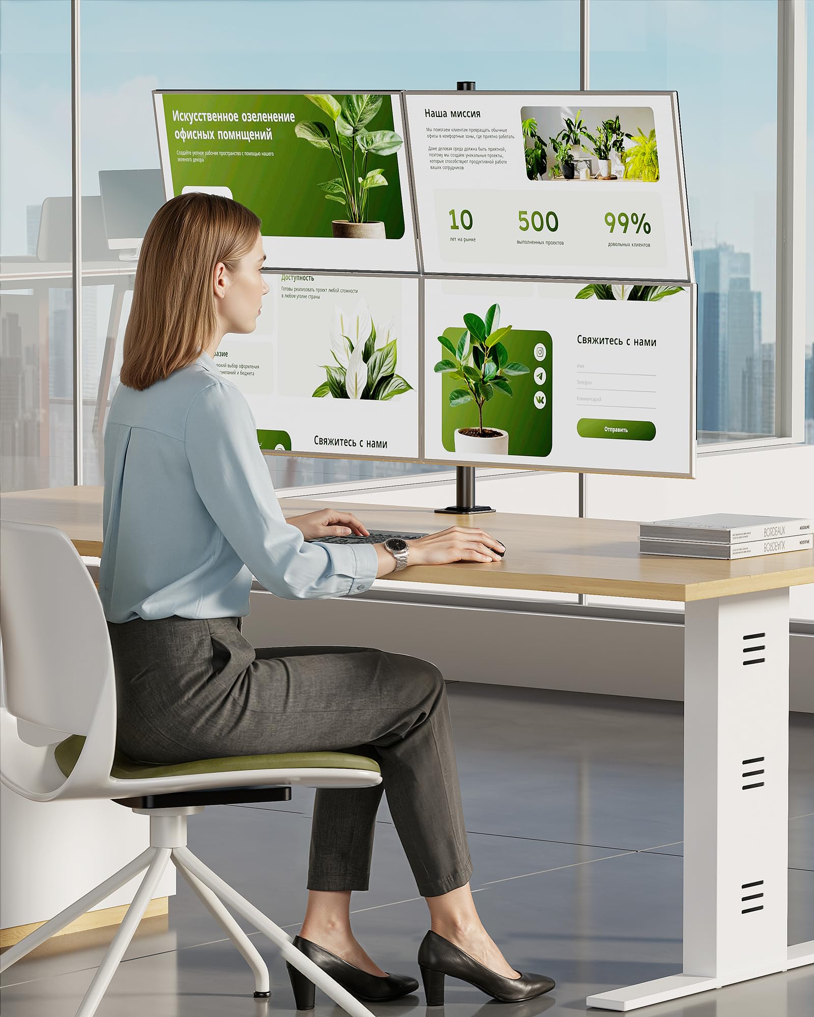 monTEK Supporto per monitor con 4 monitor fino a 17-32 pollici e portata 10 kg per braccio, supporto da tavolo completamente regolabile, braccio stabile per monitor con morsetto da tavolo e passacavo