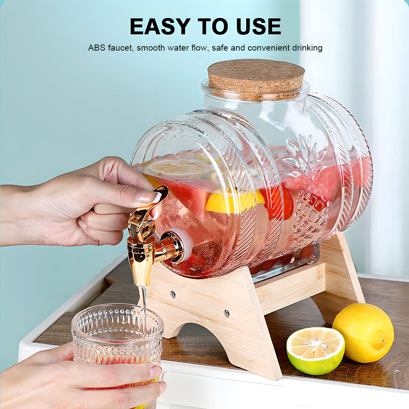 Dispensador de bebidas de vidrio con tapa de corcho de madera y soporte de bambú, grifo ABS para jugo, agua, té y bebidas, capacidad de 5 litros, perfecto para fiestas y eventos