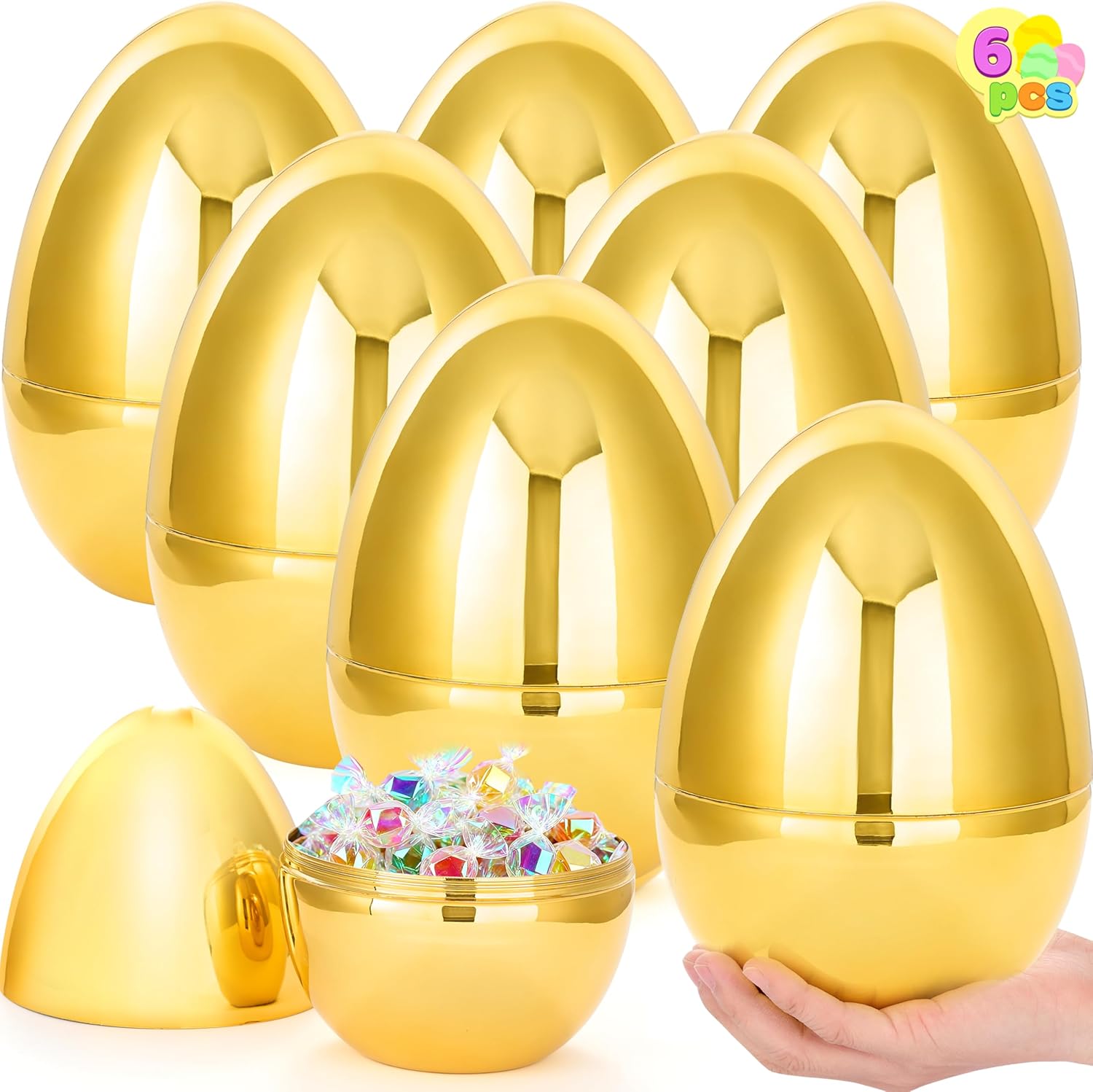 JOYIN 6 Pcs 10'' Gold Jumbo Easter Eggs, Fillable Metallic Large Plastic Eggs for Easter Themed Hunt Basket Stuffers Fillers Filling Treats Party Favor Classroom Prize Supplies