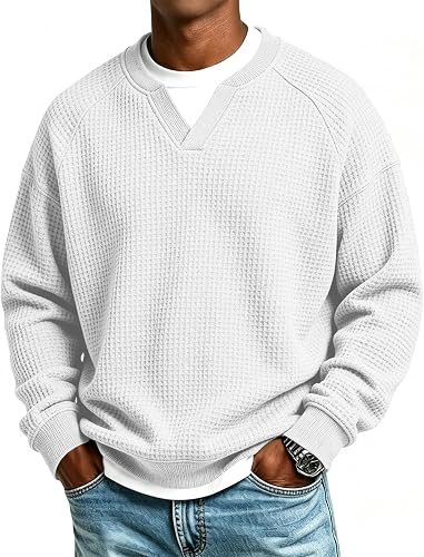 Waffle Knit Long Sleeve Men Shirts Layered V Neck Pullover Sweatshirt White