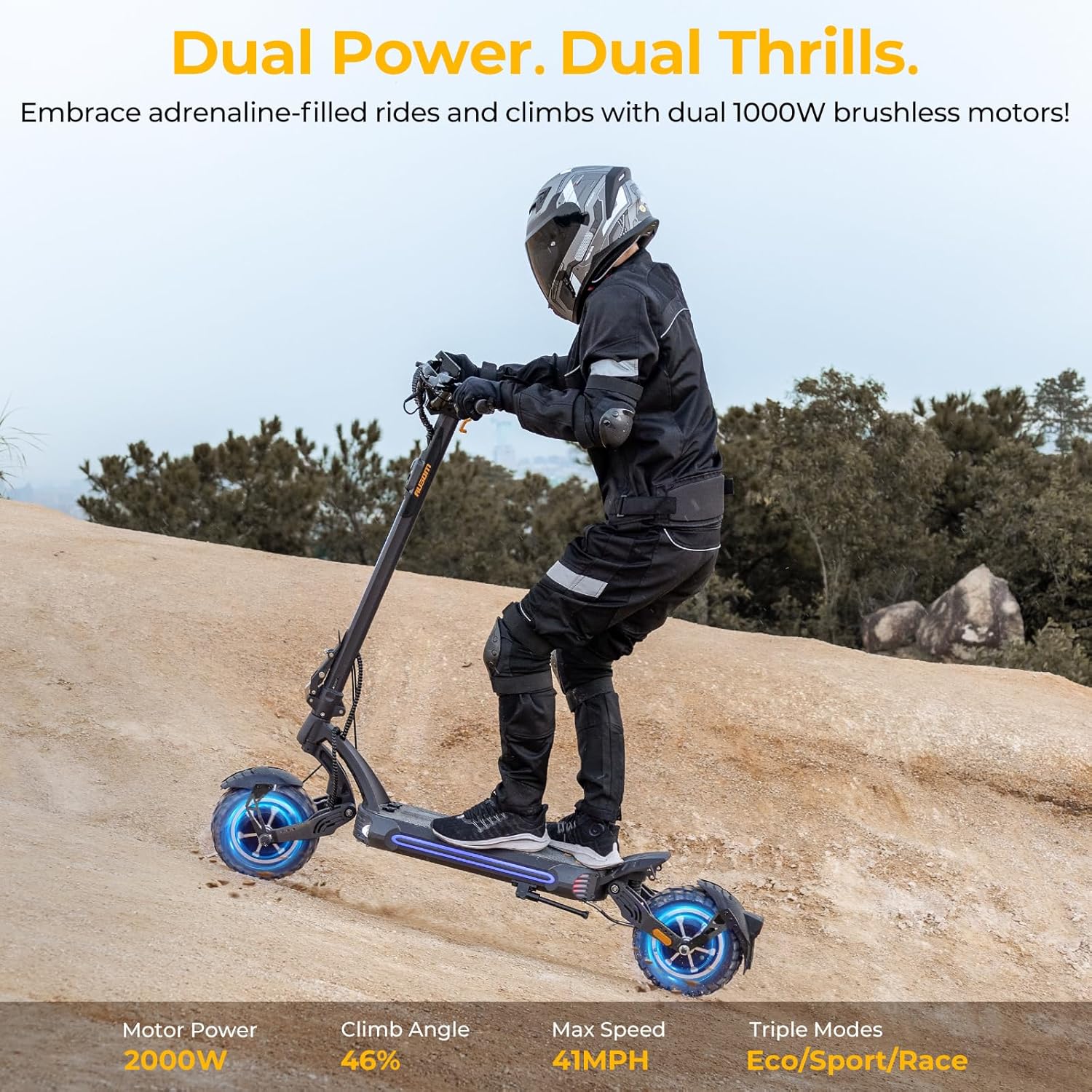 Rider on Ausom Gallop SR1 demonstrating dual motor power