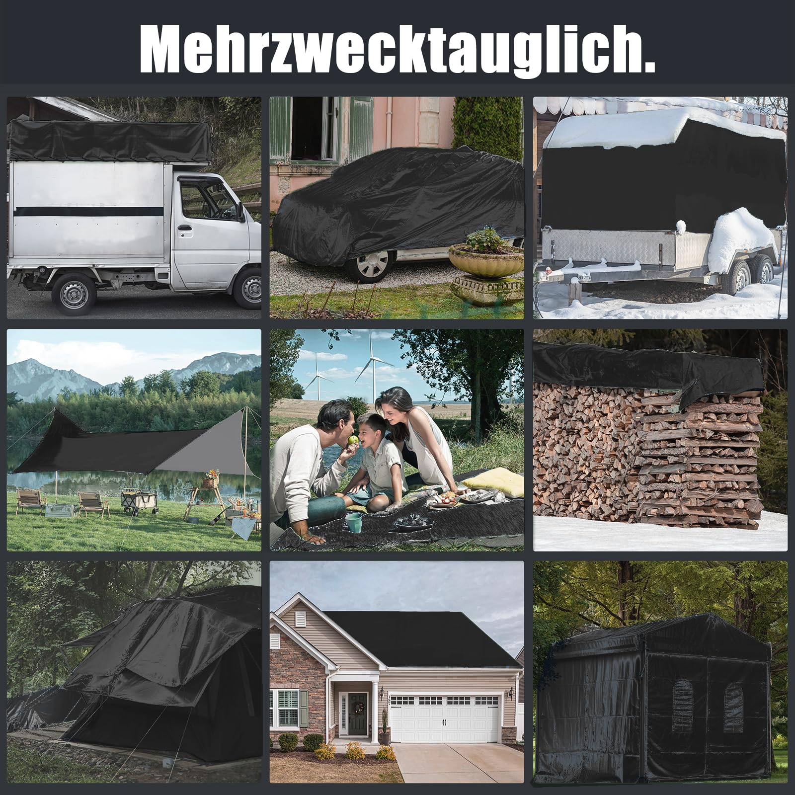 Gewebeplane Schwarz Abdeckplane mit ösen 260g/m² Zelt wasserdicht LKW Schutzplane Allzweck Reißfest UV Abdeckfolie für Gartenmöbel Trampolin Dach Auto Holz Boot Abdeckung (4m x 7m)