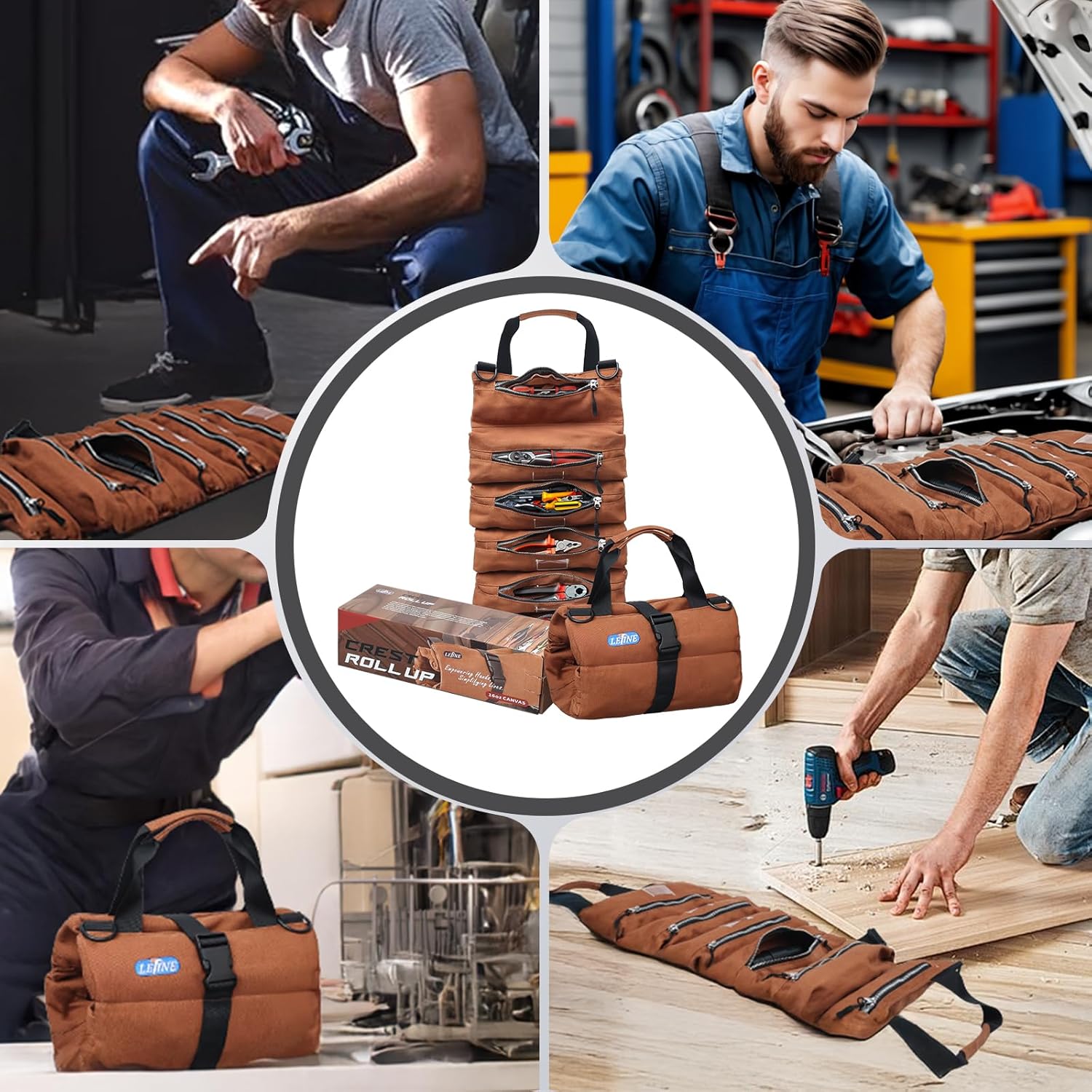 LETINE Crest Canvas Tool Bag - Large Capacity Portable Roll up Bag with Premium Rust-Proof Zippers, Reinforced Stitching - Compact Tool Organizer Gift for Dads, Mechanics, Electricians - Image 6