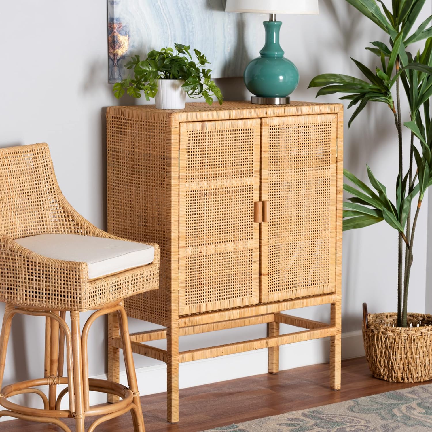bali & pari Vivan Woven Natural Rattan Storage Cabinet, 2-Door, Small, Light Honey