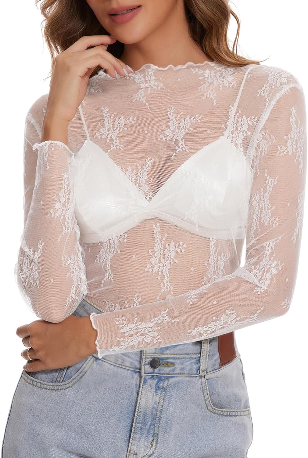 Womens Lace Mesh Long Sleeve Top Floral Sheer See Through Sexy Tops Mock Neck Shirts Party Club Night Blouses - Image 5