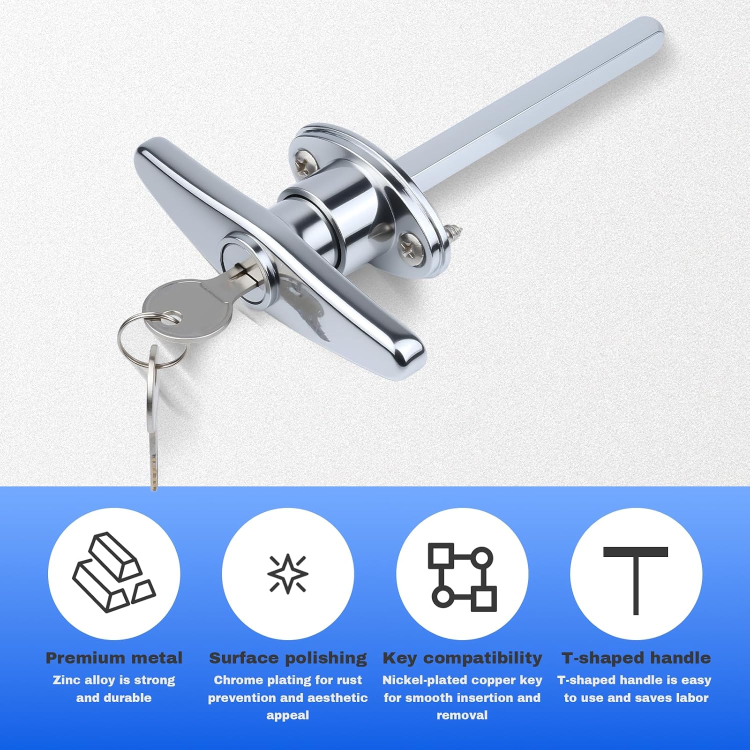 WellMade Garage Door T-Handle Lock Replacement Kit - Heavy Duty Zinc Alloy with 2 Keys & Self-Tapping Screws for Wood/Metal Doors (1 Pack)