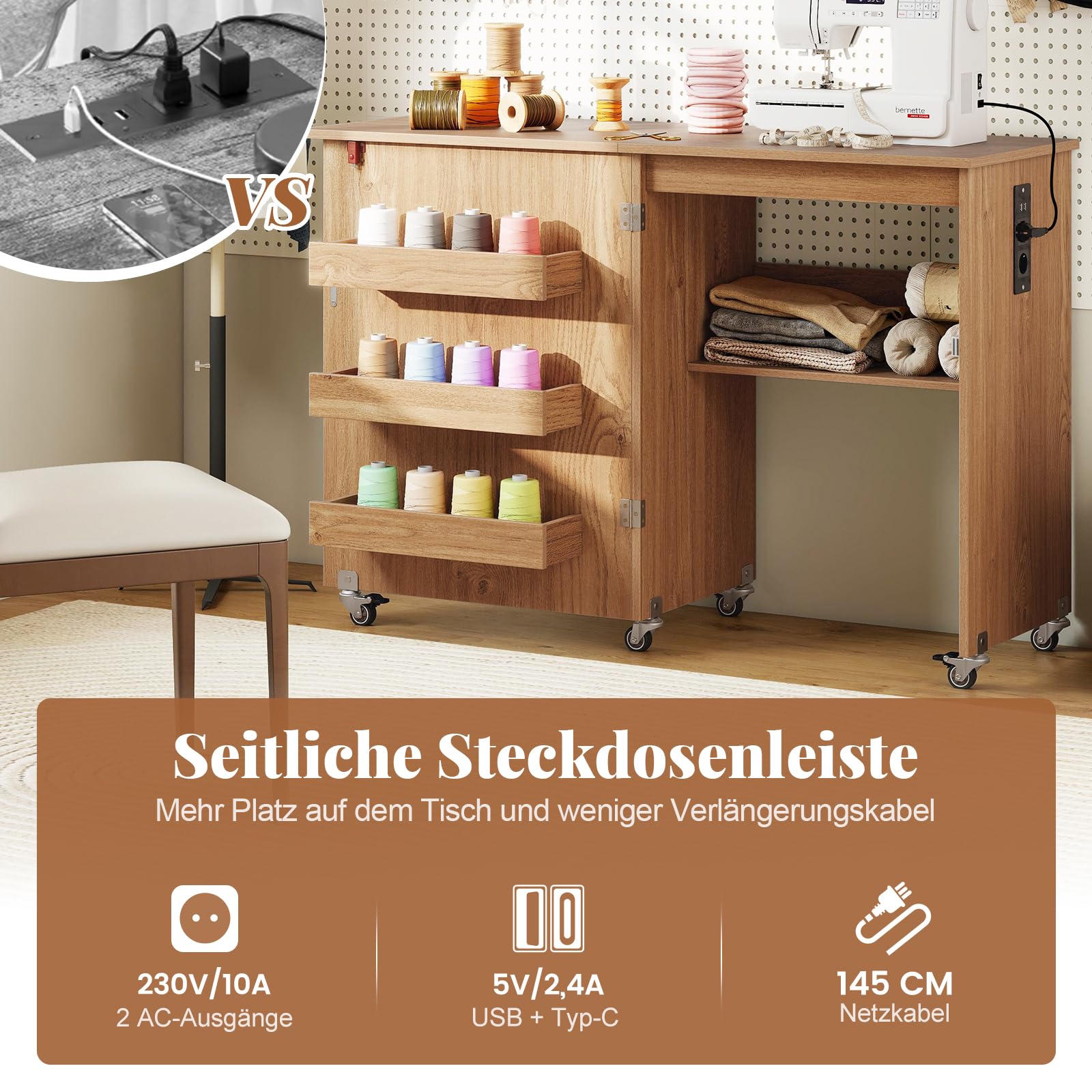 COSTWAY 2 in 1 Nähtisch klappbar mit Ladestation, Nähmaschinenschrank aus Holz mit Regalen, Nähschrank mit abschließbaren Rädern, Nähmaschinentisch Basteltisch für Wohnzimmer, Schlafzimmer (Natur)
