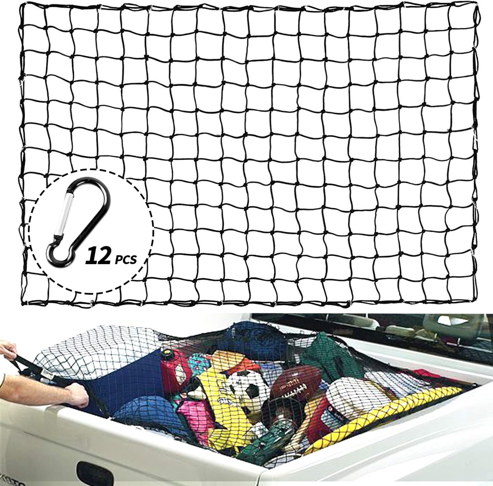 XCAR 4' X 6' Heavy Duty Bungee Cargo Net Stretches to 8' x 12' with 12pcs Aluminium Hooks - 4" X 4" Mesh - for Pickup Truck Bed Trailer SUV Rooftop Roof Rack Basket Travel Luggage Rack