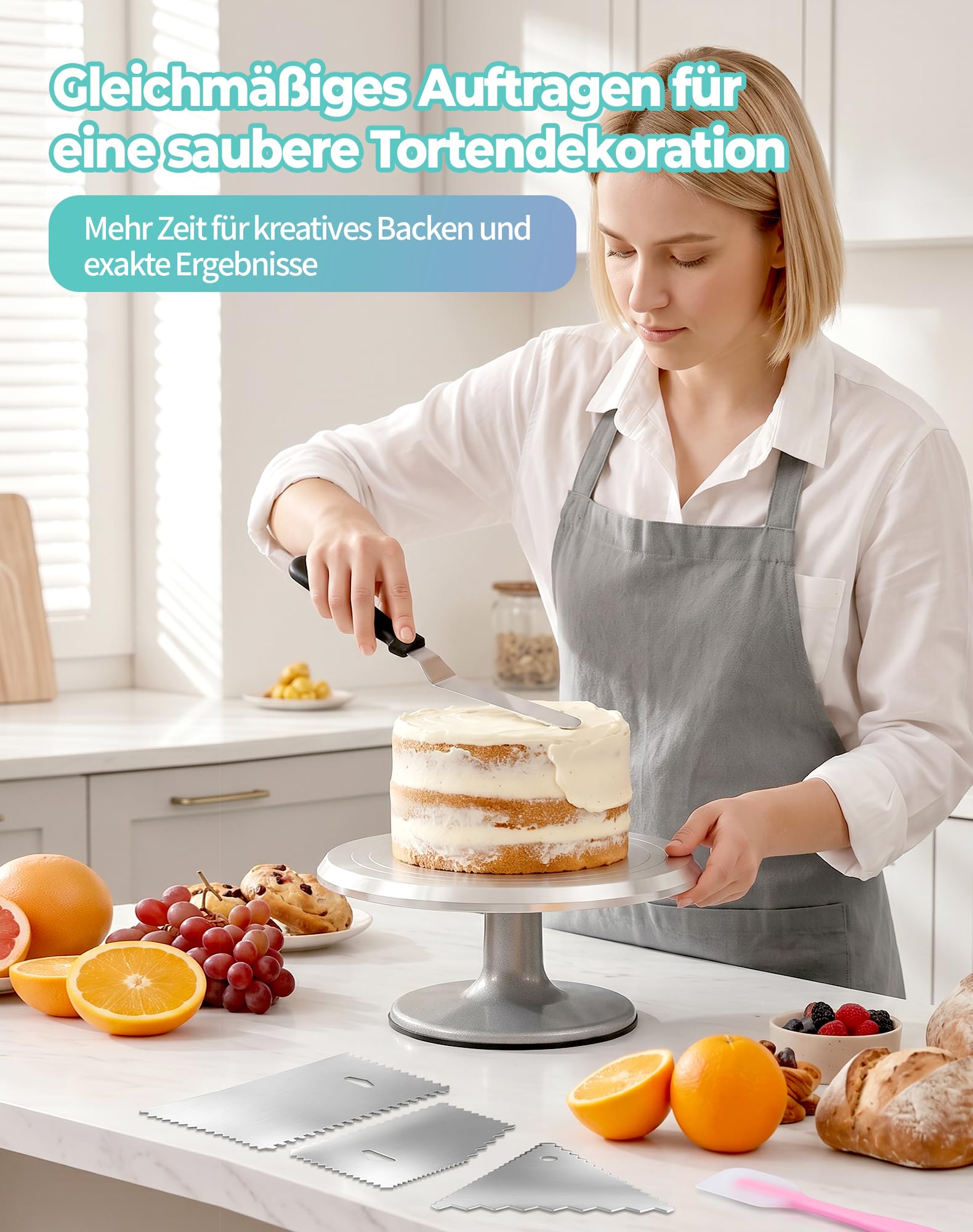 Tortenplatte Drehbar 30cm aus Alu Tortendrehteller mit 360° Rotation Tortenzubehör Set mit Spritztüllen Kuchendeko Set Cake Tools Tortendrehscheibe Kuchen Drehteller Drehbare Tortenplatte zum Deko