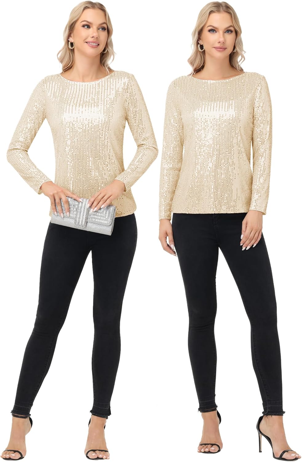 Anna-Kaci Women's Long Sleeve Sequin Crew Neck Top Sparkly Party Blouse with Lined Interior - Image 5