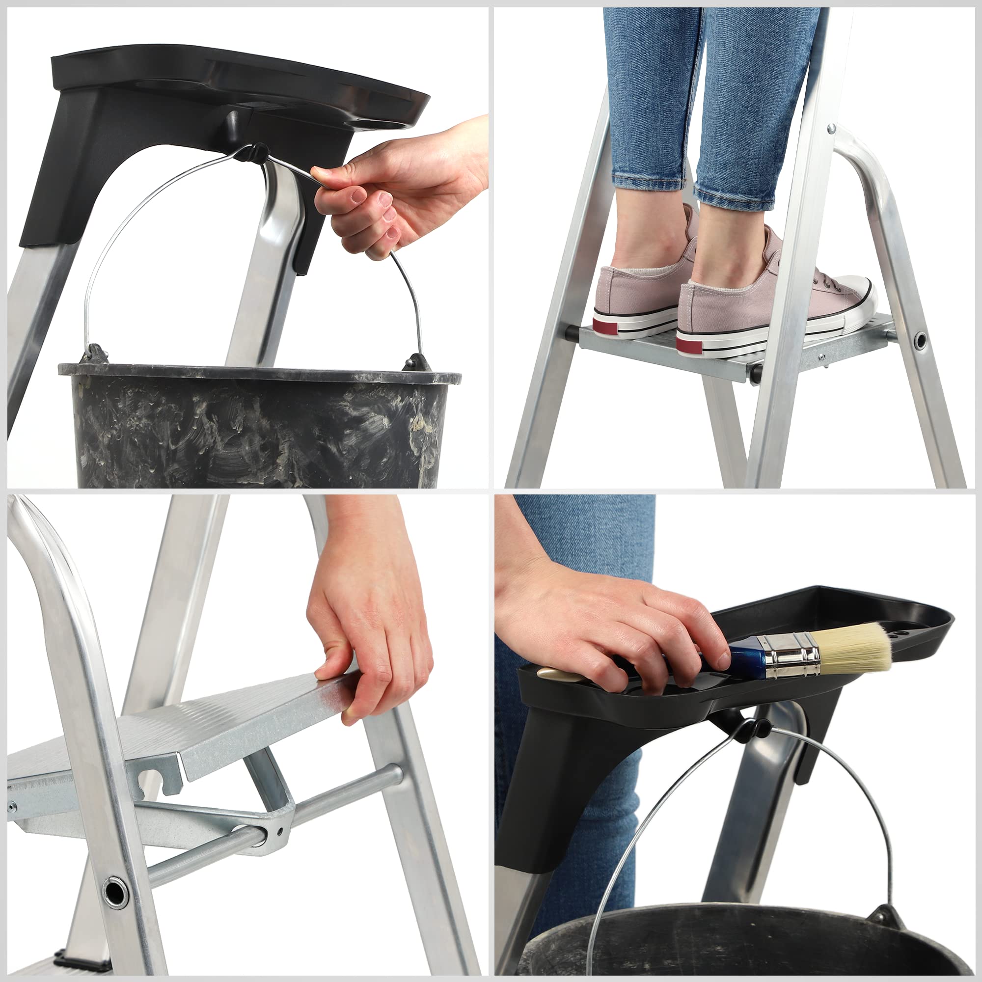 KADAX Escalera de Aluminio con 4 Peldaños Antideslizantes, Capacidad de Carga de 125 kg, Soporte para Herramientas y Diseño Plegable para Uso Doméstico