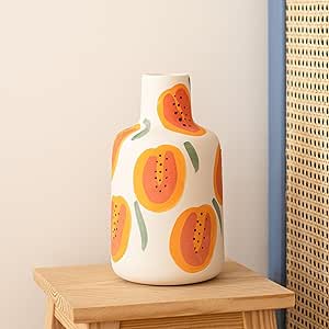 Jarrón Papayas | Cerámica de calidad, pintada a mano, para plantas, flores o pampas secas | jarrón con un diseño alegre para el salón, la cocina.