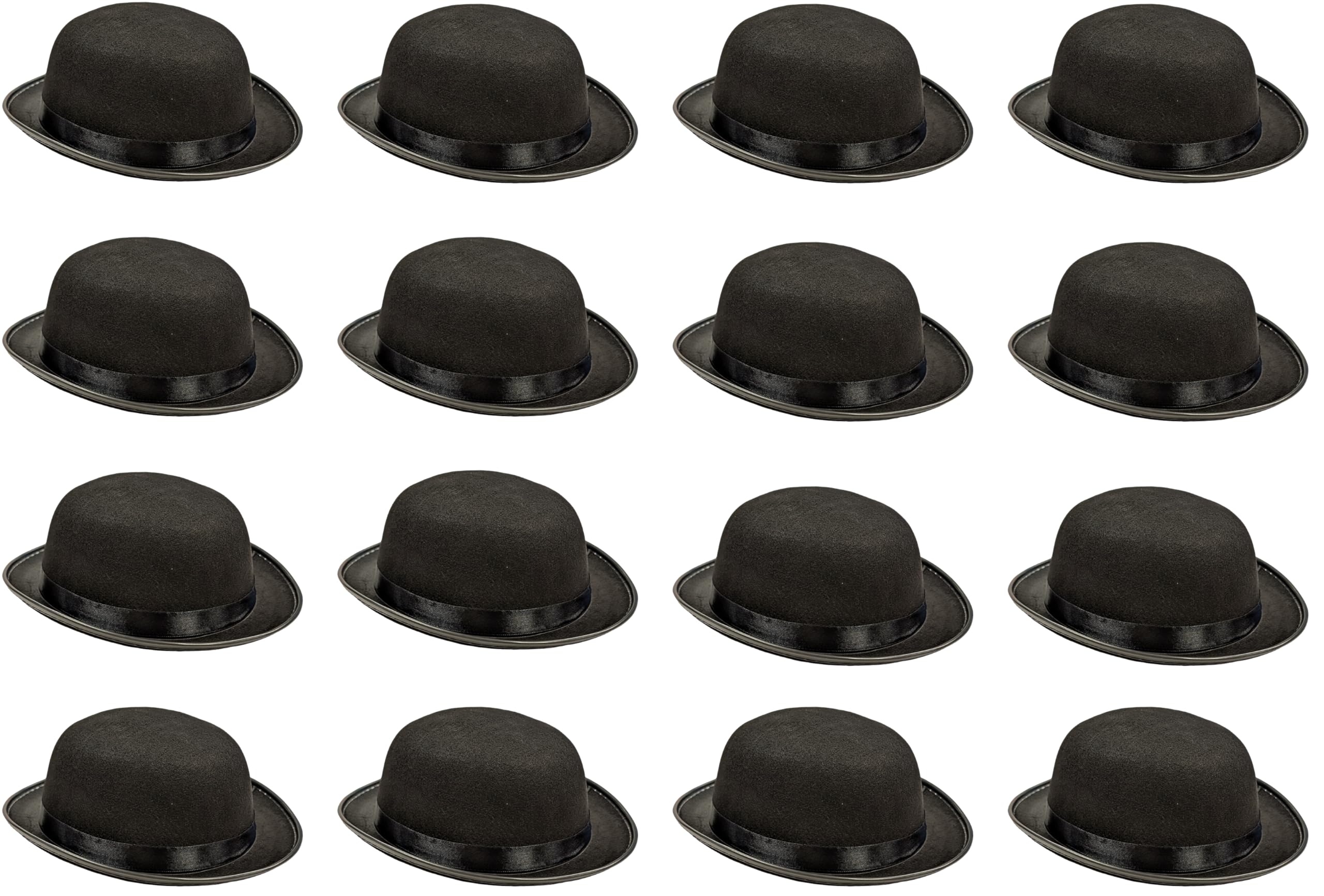 16 x Black Bowler Hats – Adults Fancy Dress Costume Accessories – Classic 1920s Hat for Men & Women – Soft Felt with Satin Band – Twenties, Dance, Victorian & Theatre Props – Unisex One Size Fits Most