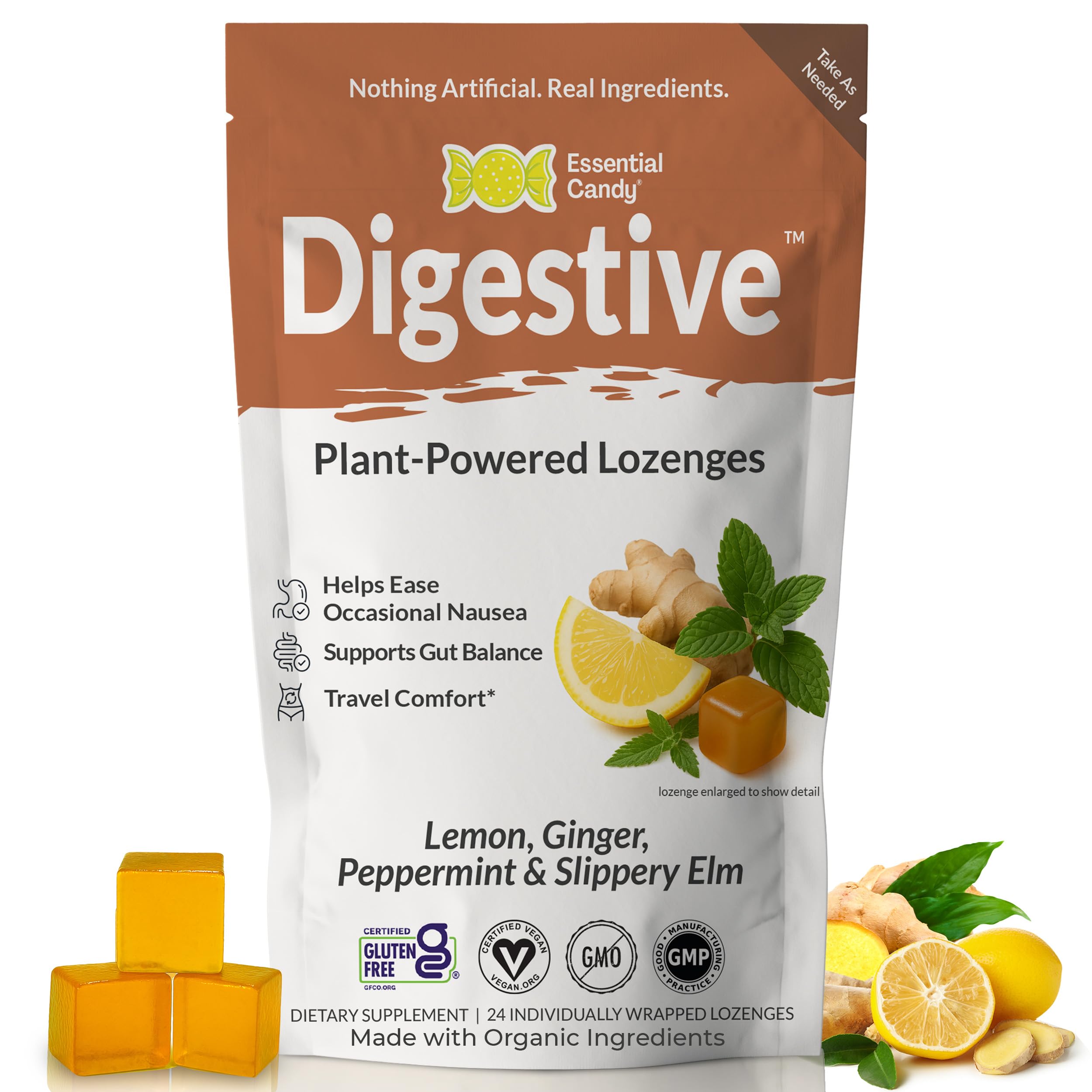 Digestive Blend Functional Hard Candy | Nausea, Travel Sickness, Stomach Gut Upset | Organic Lemon, Ginger, Peppermint, Slippery Elm | Gluten-Free, Non-GMO, Vegan - 24 Count (Pack of 1)