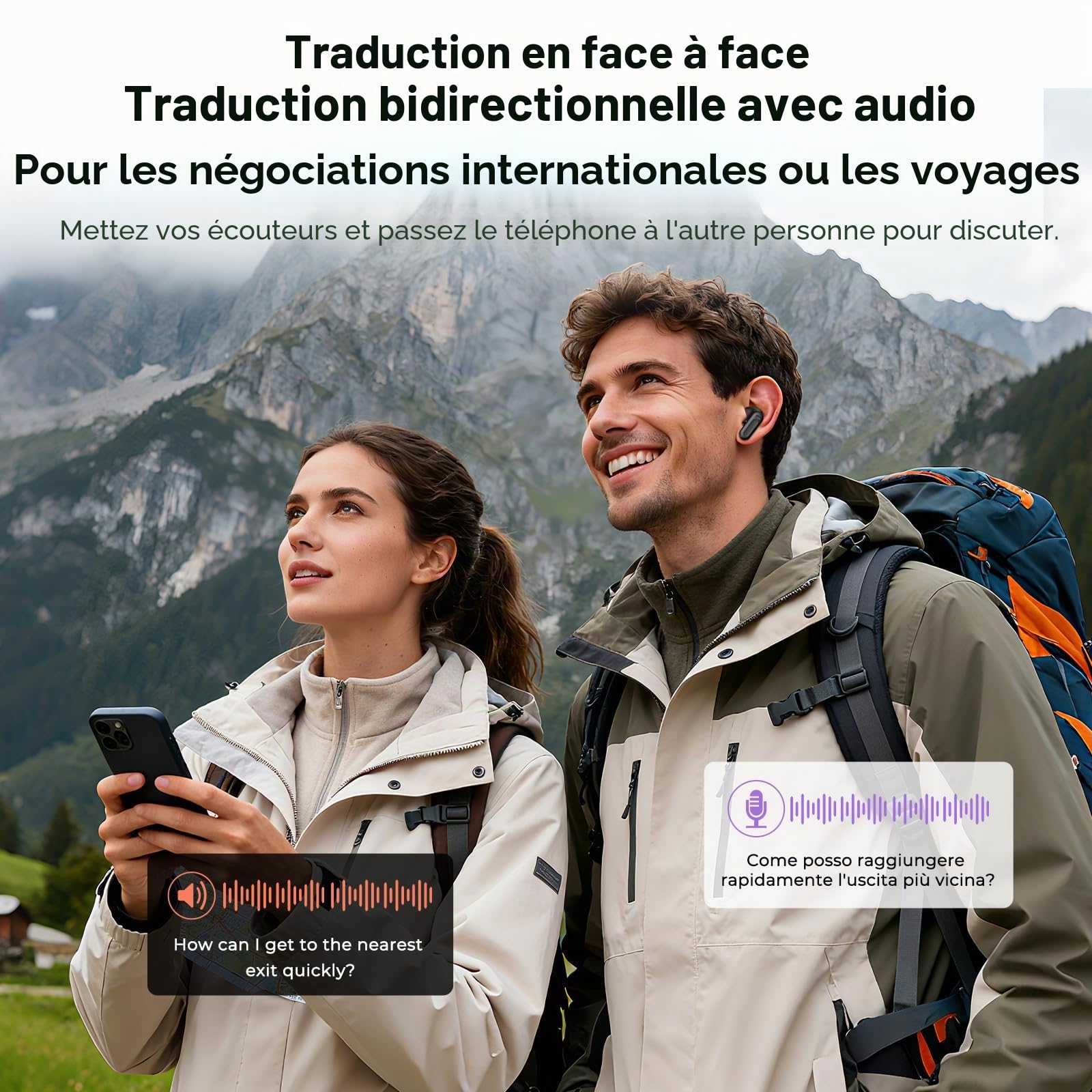 Traducteur Écouteur NE20 OWS Sans Fil 134 Langues IA Bluetooth 5.4 Écran LED Blanc