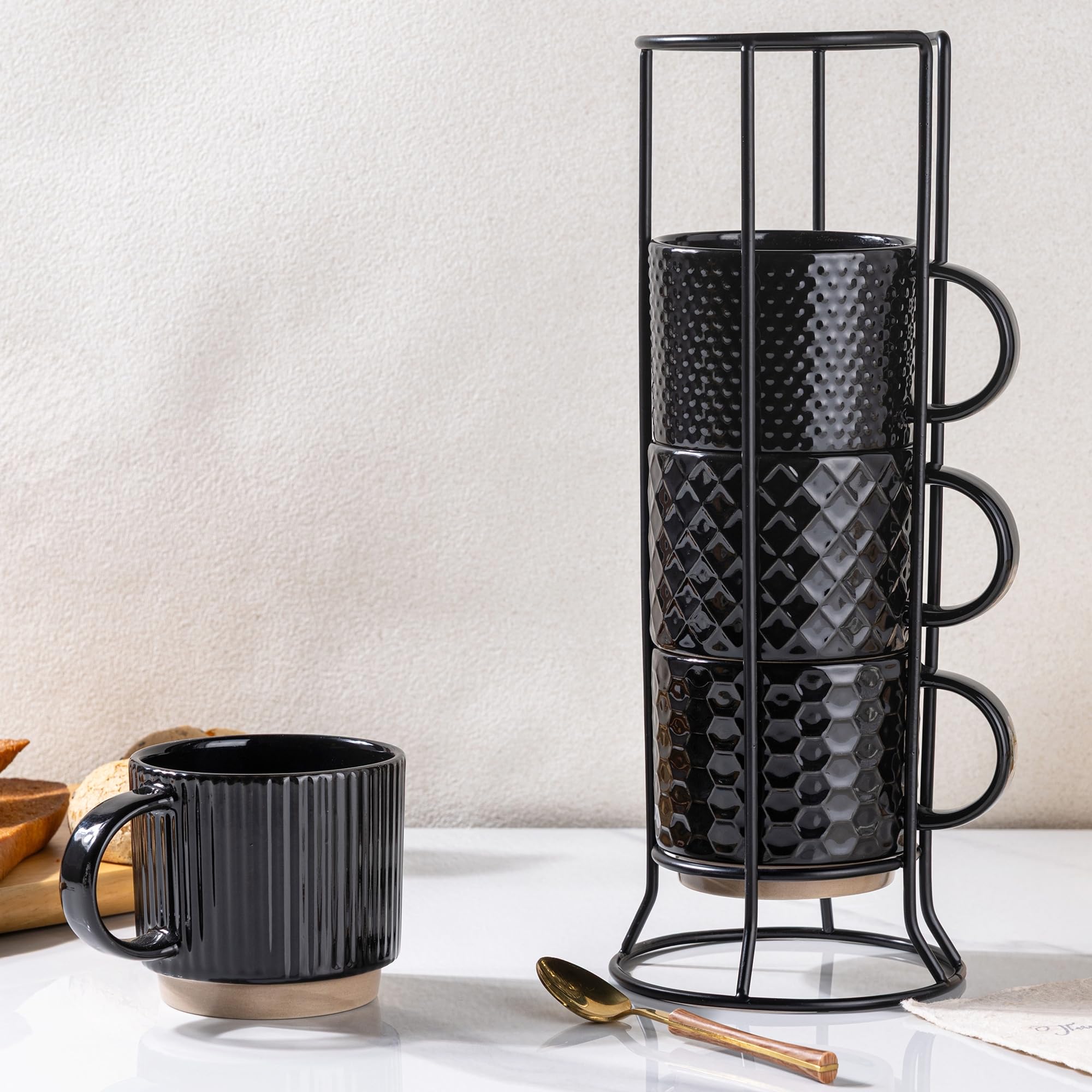 GBHOME 12OZ Stackable Coffee Mugs with Stand, Ceramic Coffee Mugs with Texture Patterns for Man,Woman,Dad,Mom, Modern Coffee Cups Set of 4 for Latte/Cappuccino/Cocoa. Dishwasher&Microwave Safe,Black