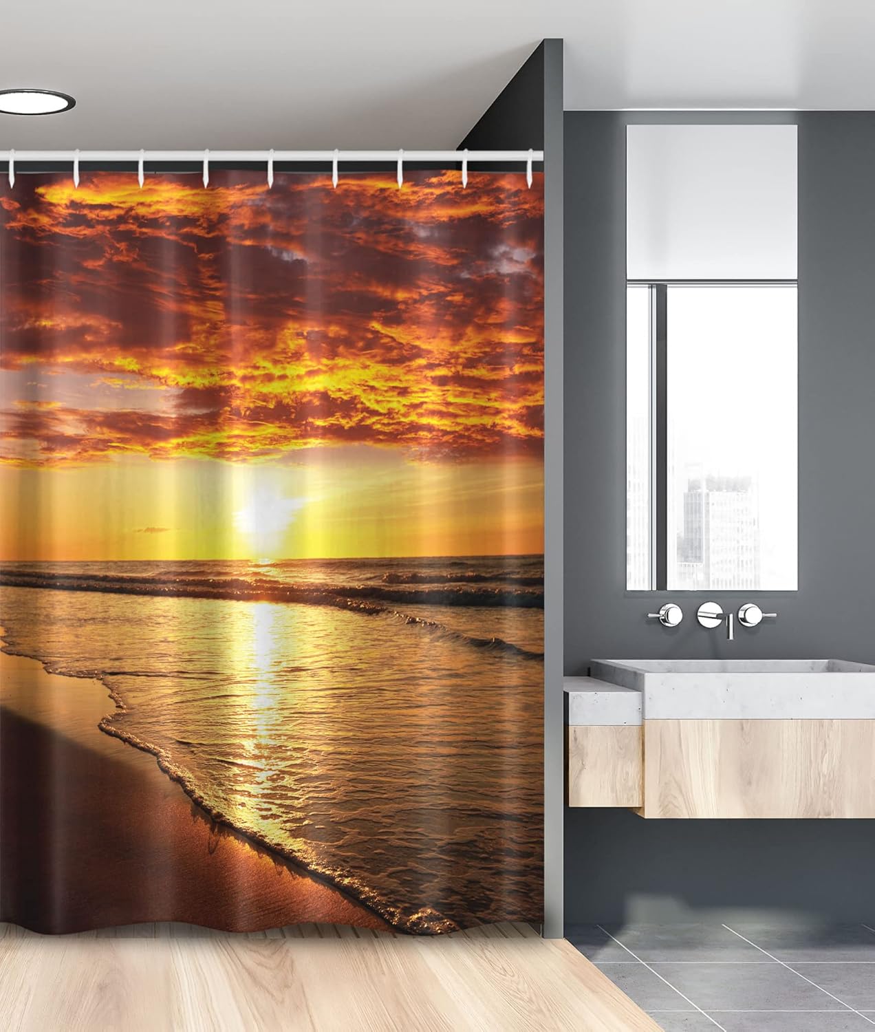 Ambesonne Hawaiian Stall Shower Curtain, Dramatic Sunset Scenery Calm Exotic Beach Ocean Waves Coastal View, Fabric Bathroom Decor Set with Hooks, 54" W x 78" L, Dark Orange Orange
