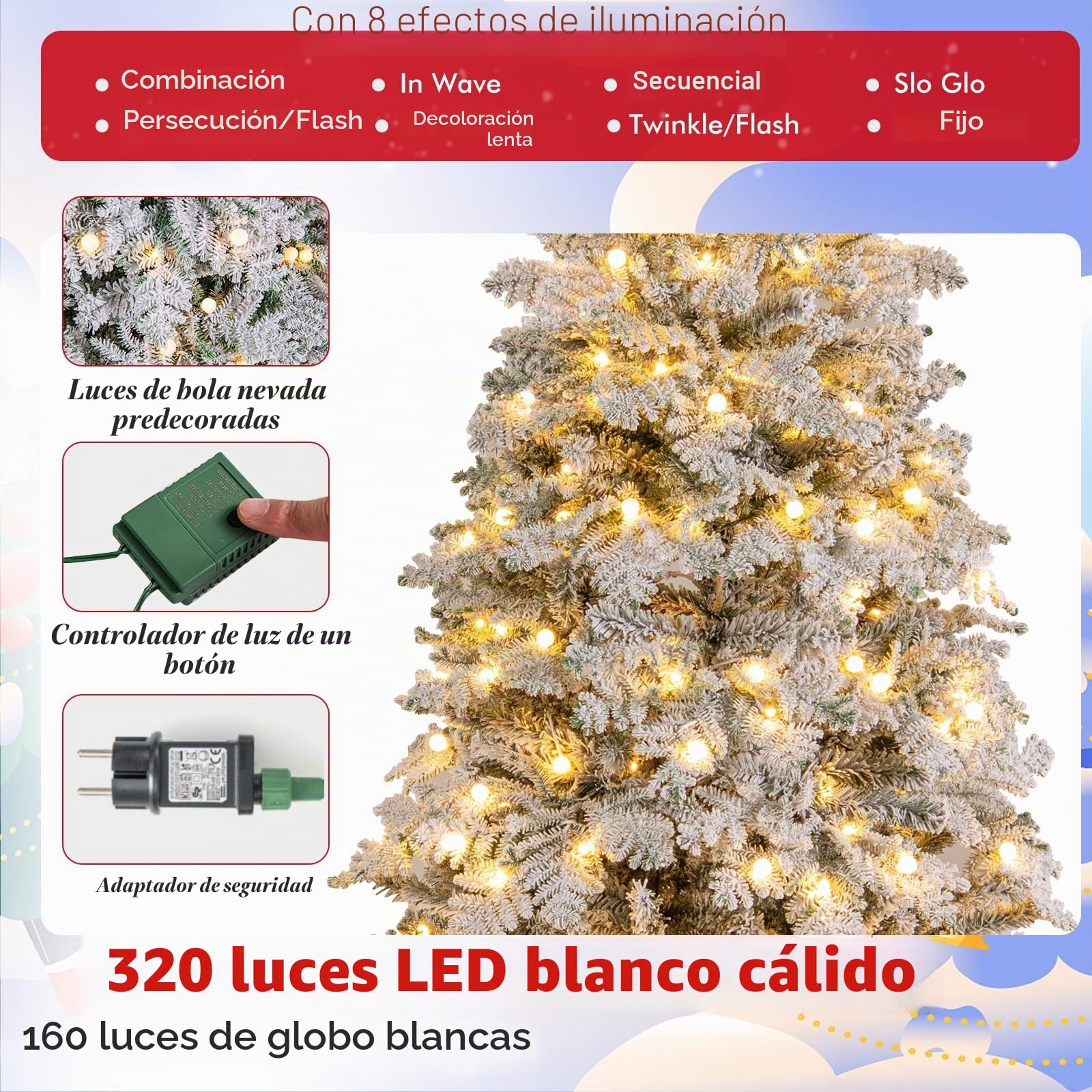 LIFEZEAL Árbol de Navidad Nevado con Luces Incorporadas (180 cm) (210 cm)