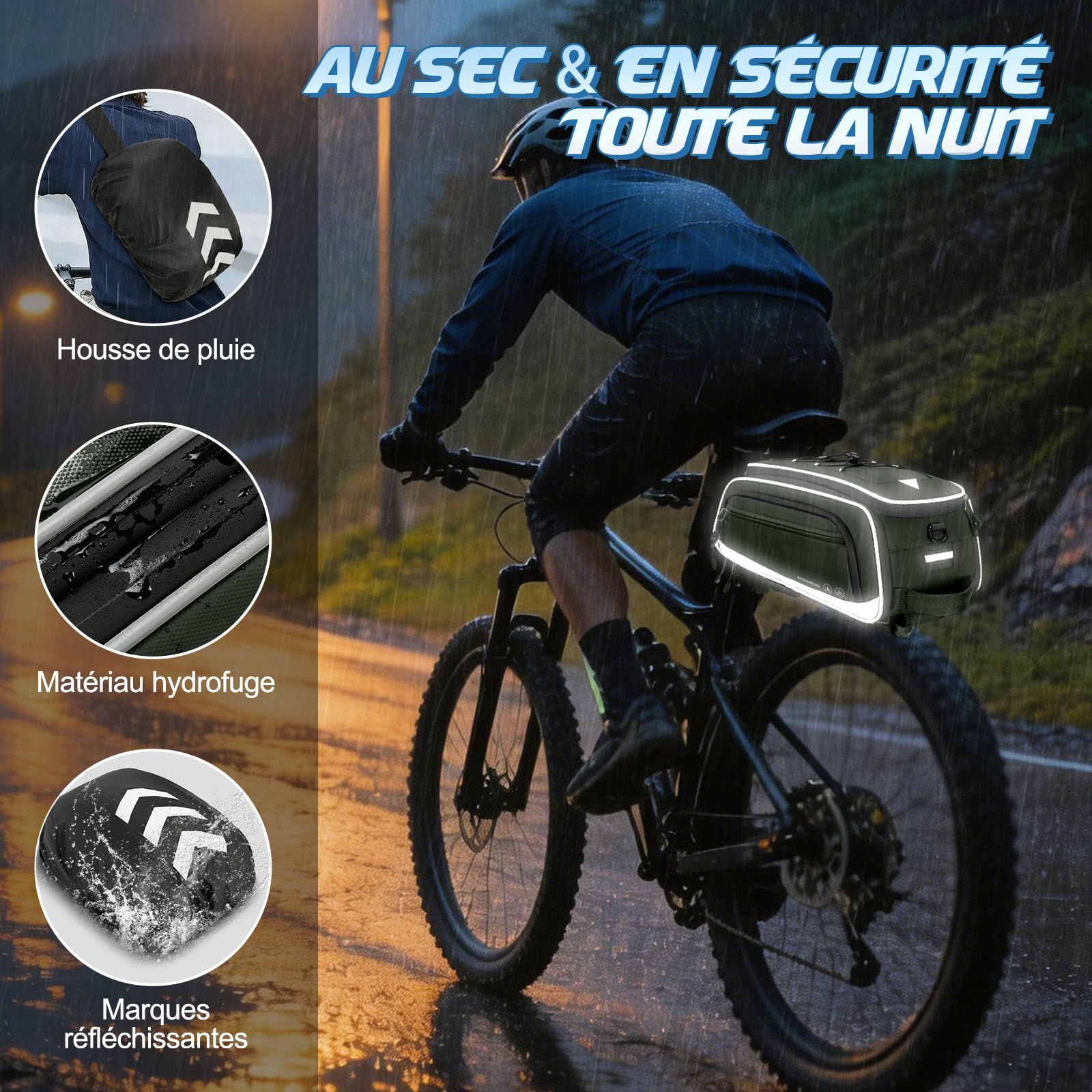RAINSMORE Sacoche Velo Porte Bagage Arriere 15L-23L Extensible, Sacoche Arrière Vélo Étanche avec Housse de Pluie et Bandes Réfléchissantes, Idéal pour VAE, VTT, Vélotaf et Voyage Vert