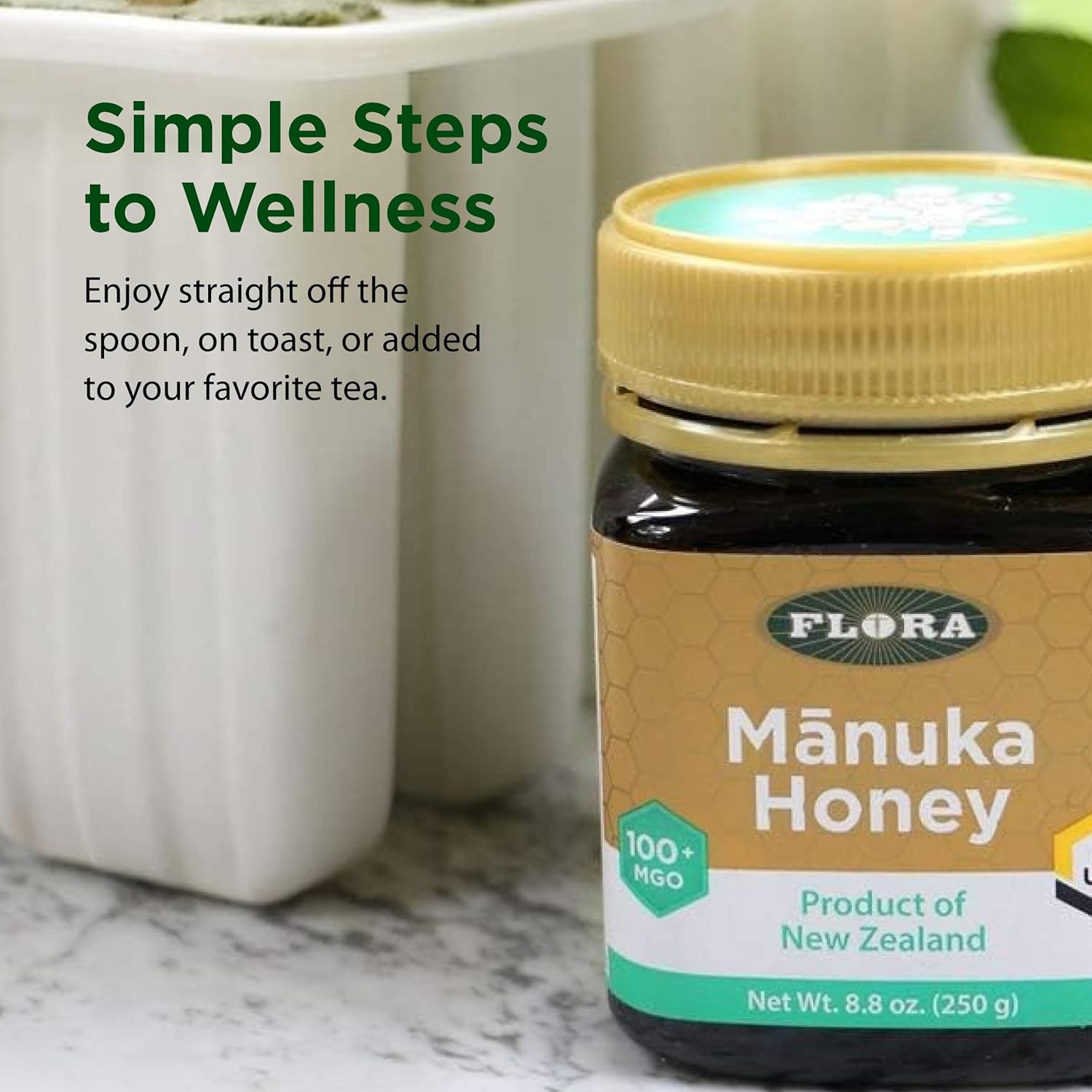 Flora - Mānuka Honey MGO 100+/5+ UMF, New Zealand Honey, 100% Traceable MGO,Natural Healing, Sore Throat Relief, Aids Digestion, 8.8-oz. Jar