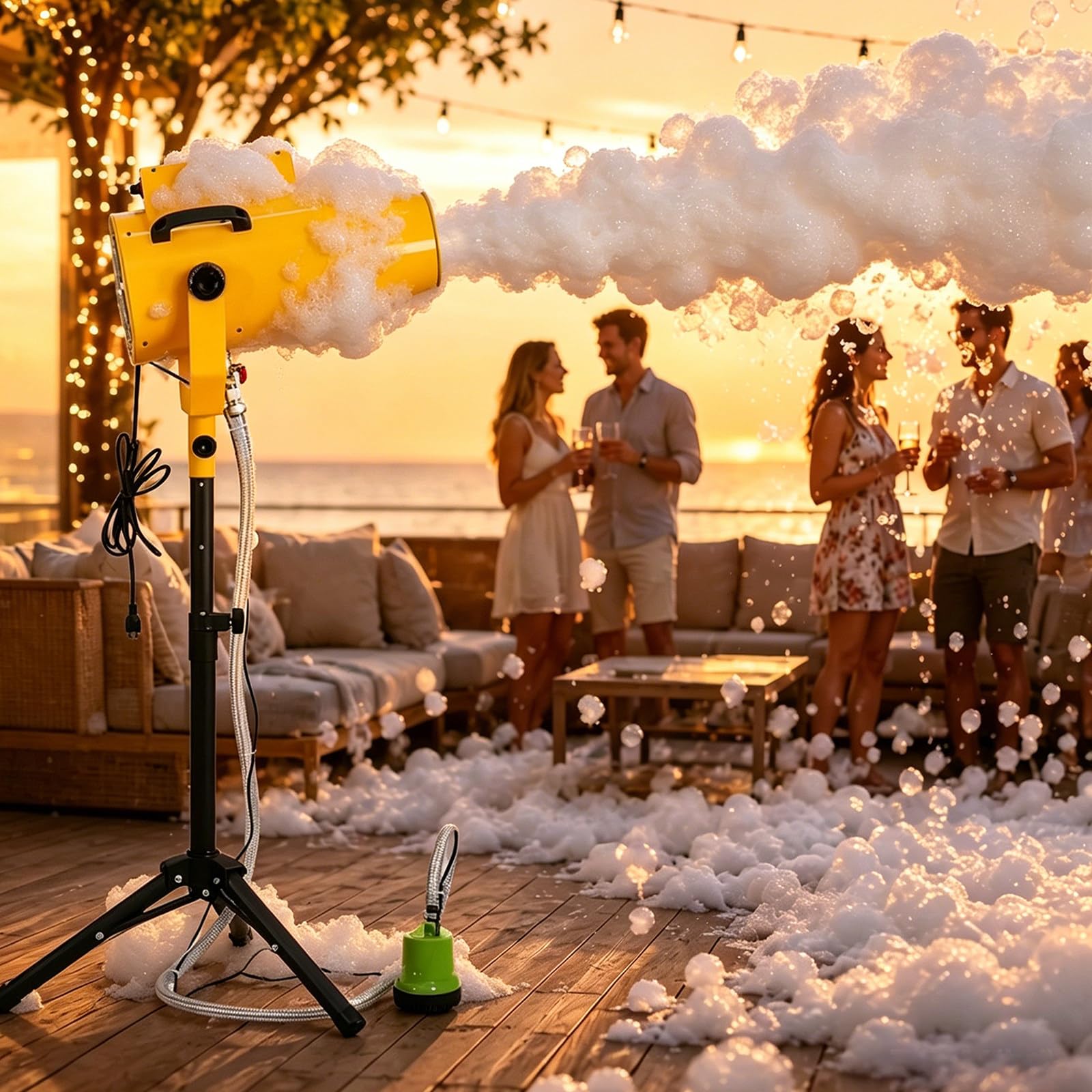 Máquina De Espuma para Fiestas 1000W, Cañón De Espuma con Alcance De 3-5 M, Incluye Bomba, Manguera Y Trípode, para Festivales, Carnavales, Fiestas En Piscina, Eventos De Verano Y Jardín
