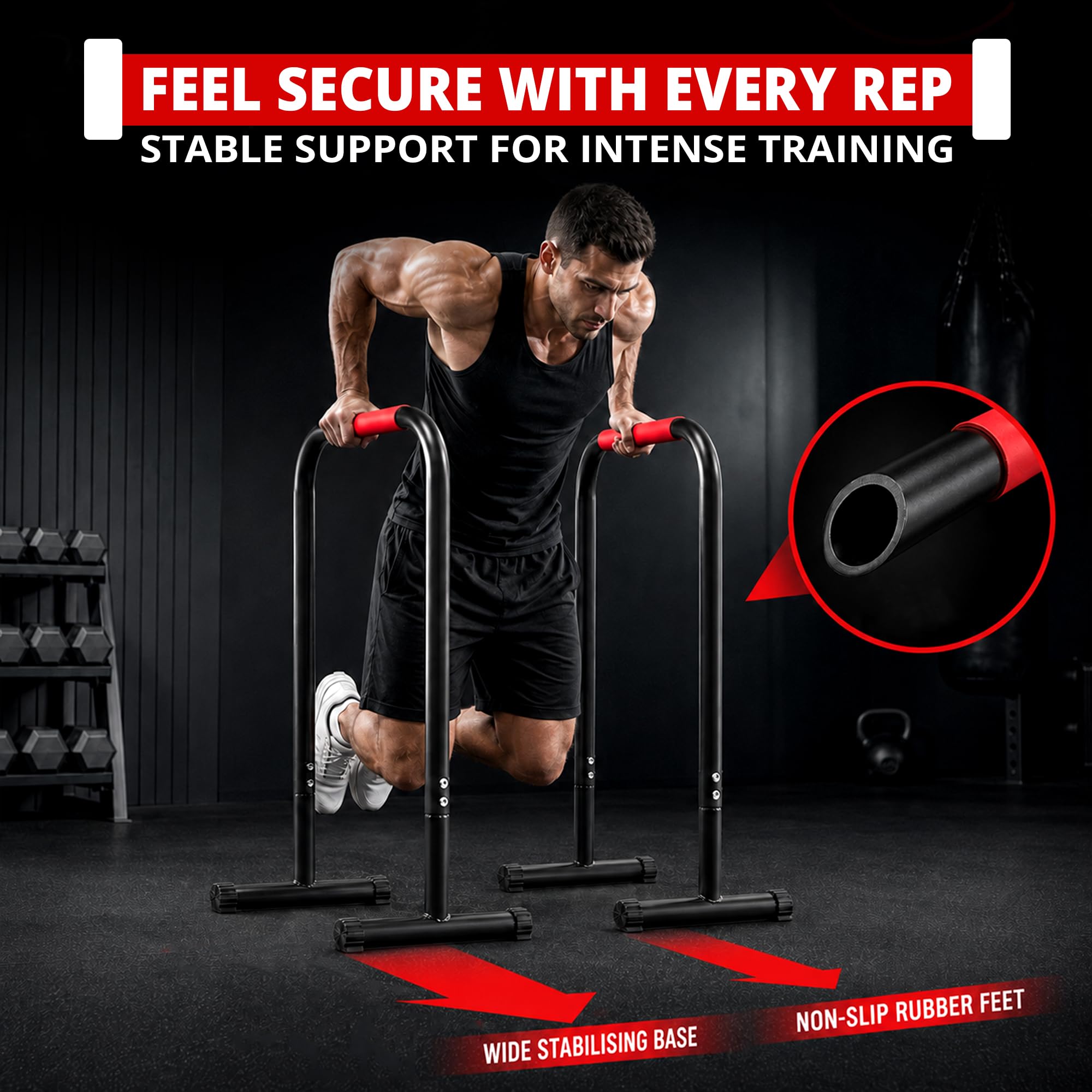 Max Strength Pro Dips Bar do dipów, podciągów nóg, Push Up i innych, wytrzymały materiał żelazny z szerokim wyściełanym uchwytem wysokość 70 cm, szerokość 60 cm, stopa 42 cm waga użytkownika do 120 kg sprawdzona bezpieczeństwo
