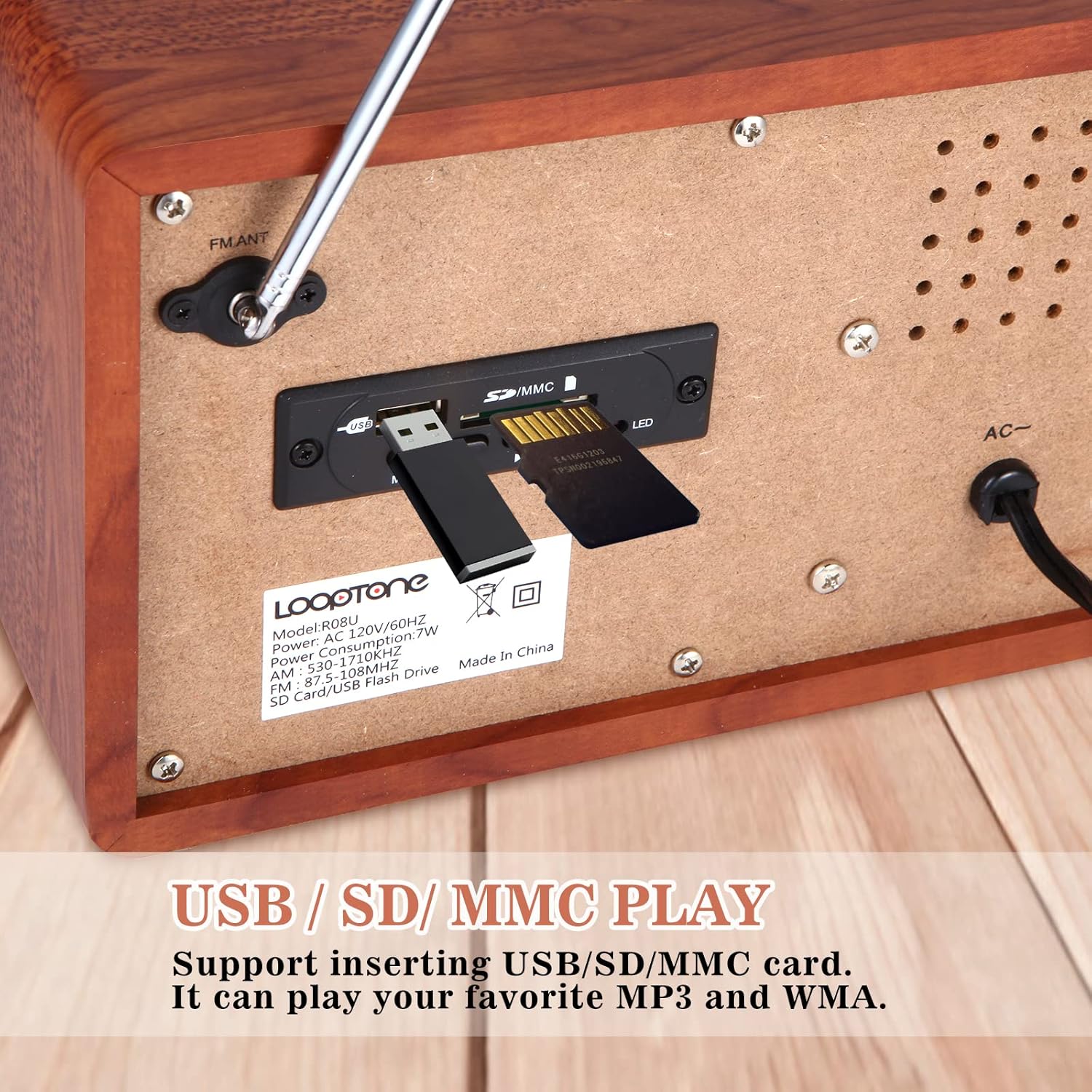 LoopTone USB SD Multifunction AM FM Vintage Radio with Bluetooth Speaker,Retro Wood Table Radio for Kitchen Living Room with Rotary Knob