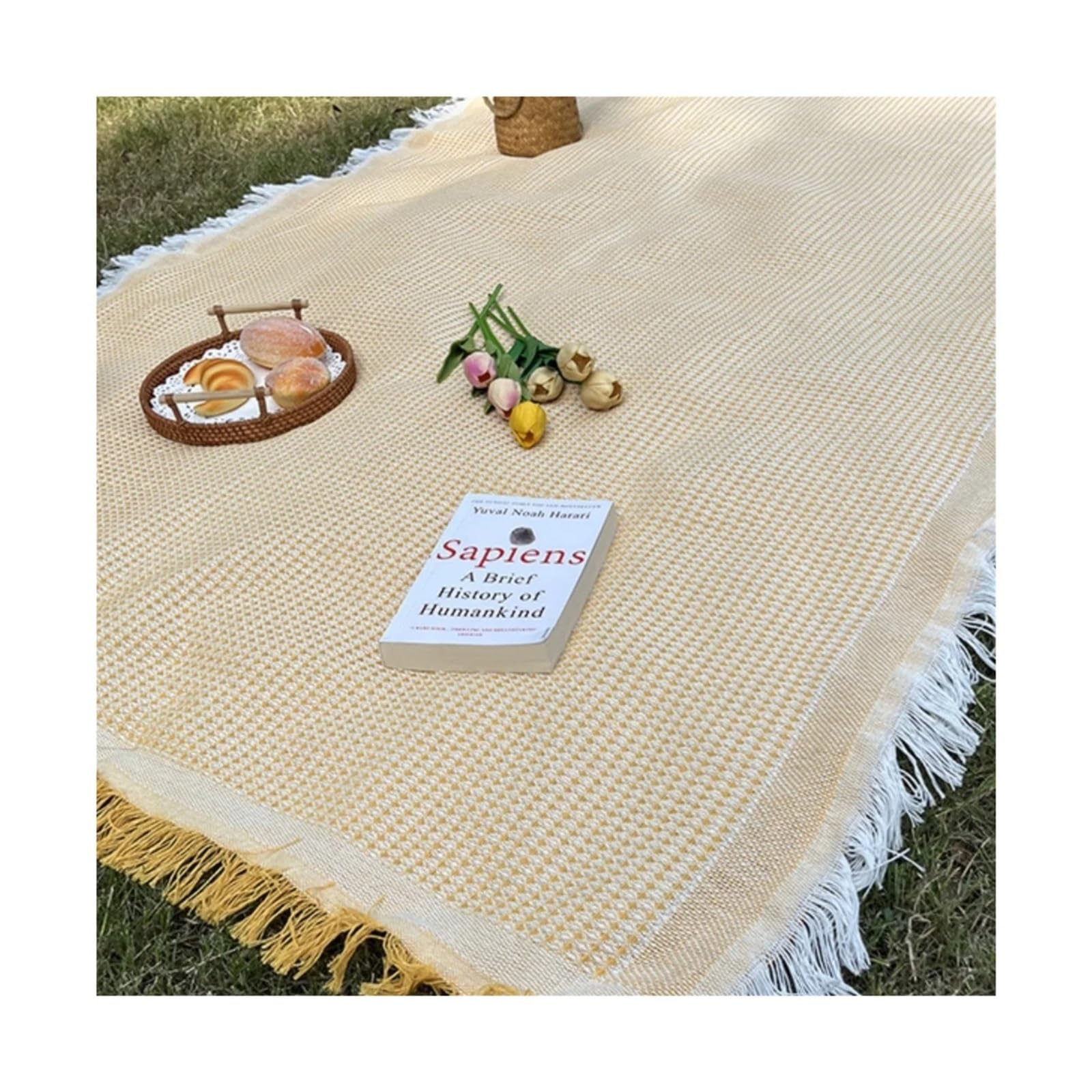 Przenośny koc piknikowy z frędzlami, duży, 180 x 230 cm, mata outdoorowa, na kemping, plażę, ogród, podróż, wszechstronny obrus i narzuta na łóżko, kolor biały